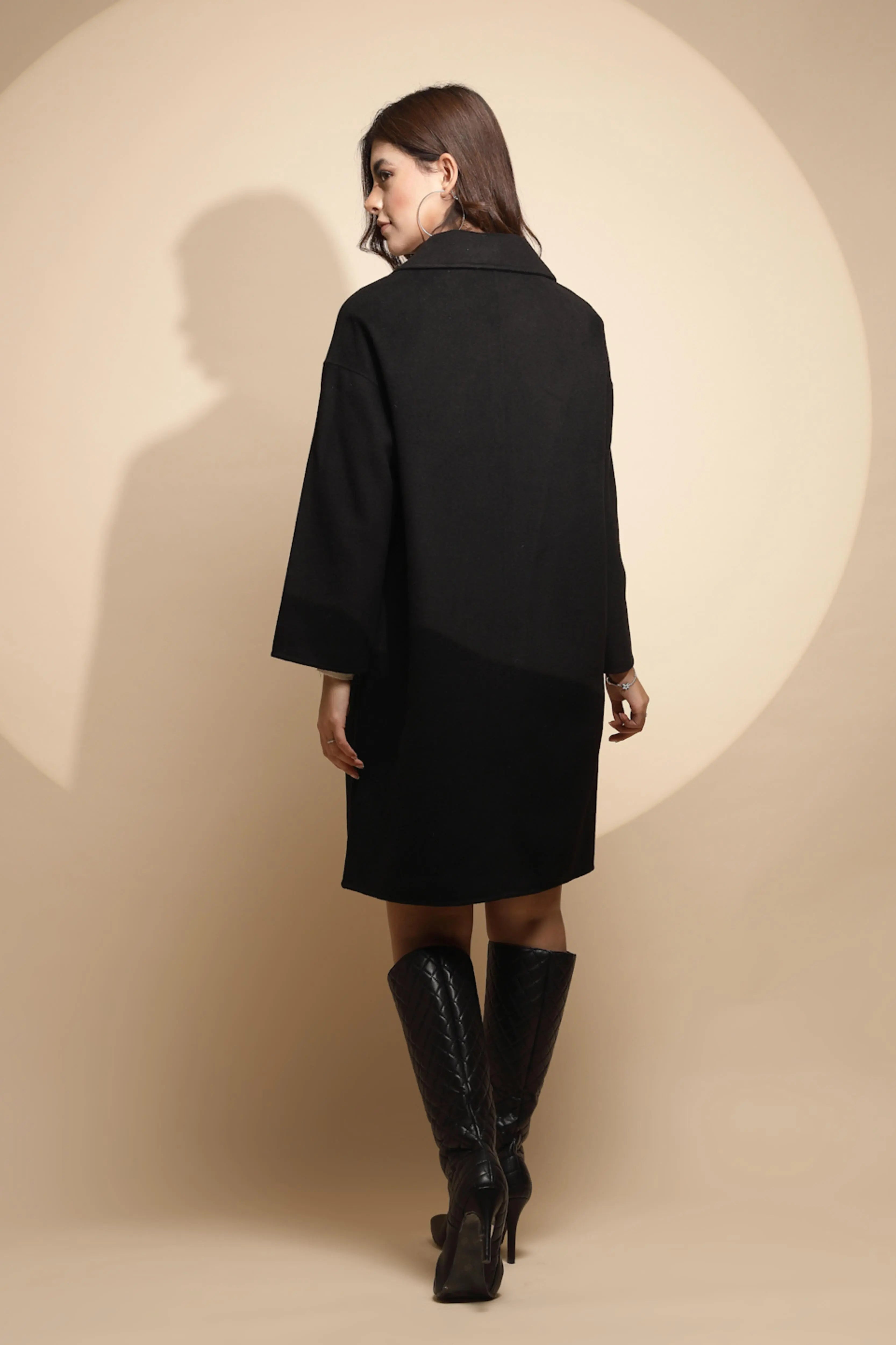 Women Black Solid Collared Neck Full Sleeve Woolen Coat - Global Republic