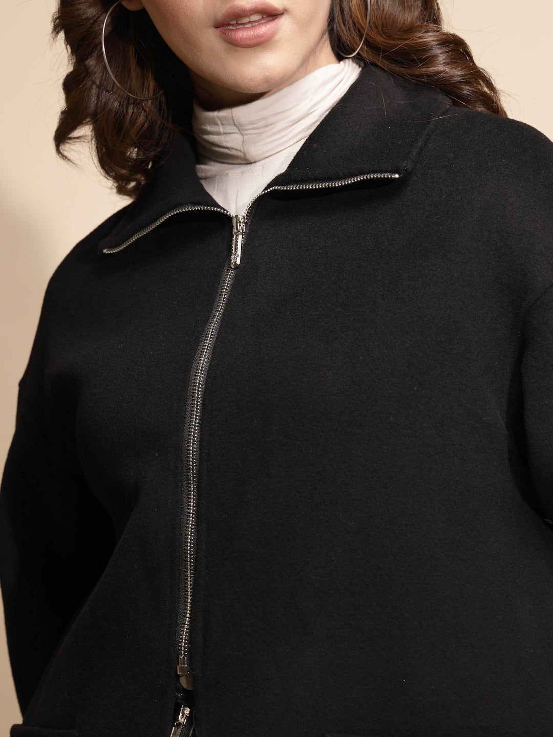Women Black Solid Collared Neck Full Sleeve Woolen Coat - Global Republic