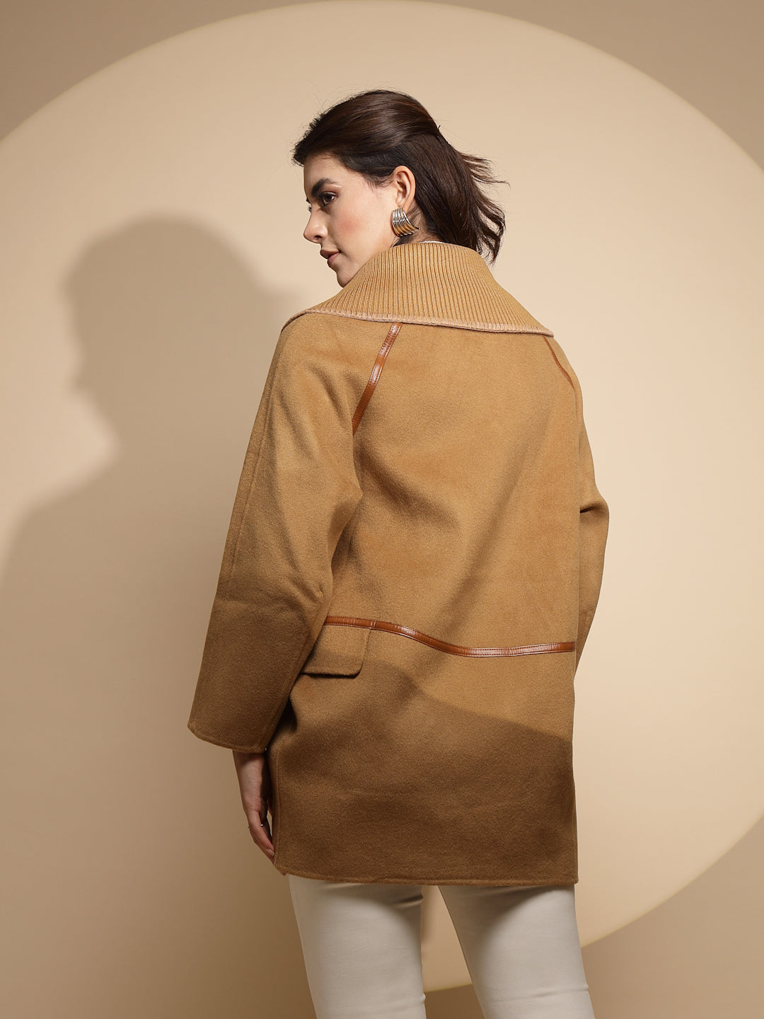Brown Solid Collared Neck Wool Coat - Global Republic