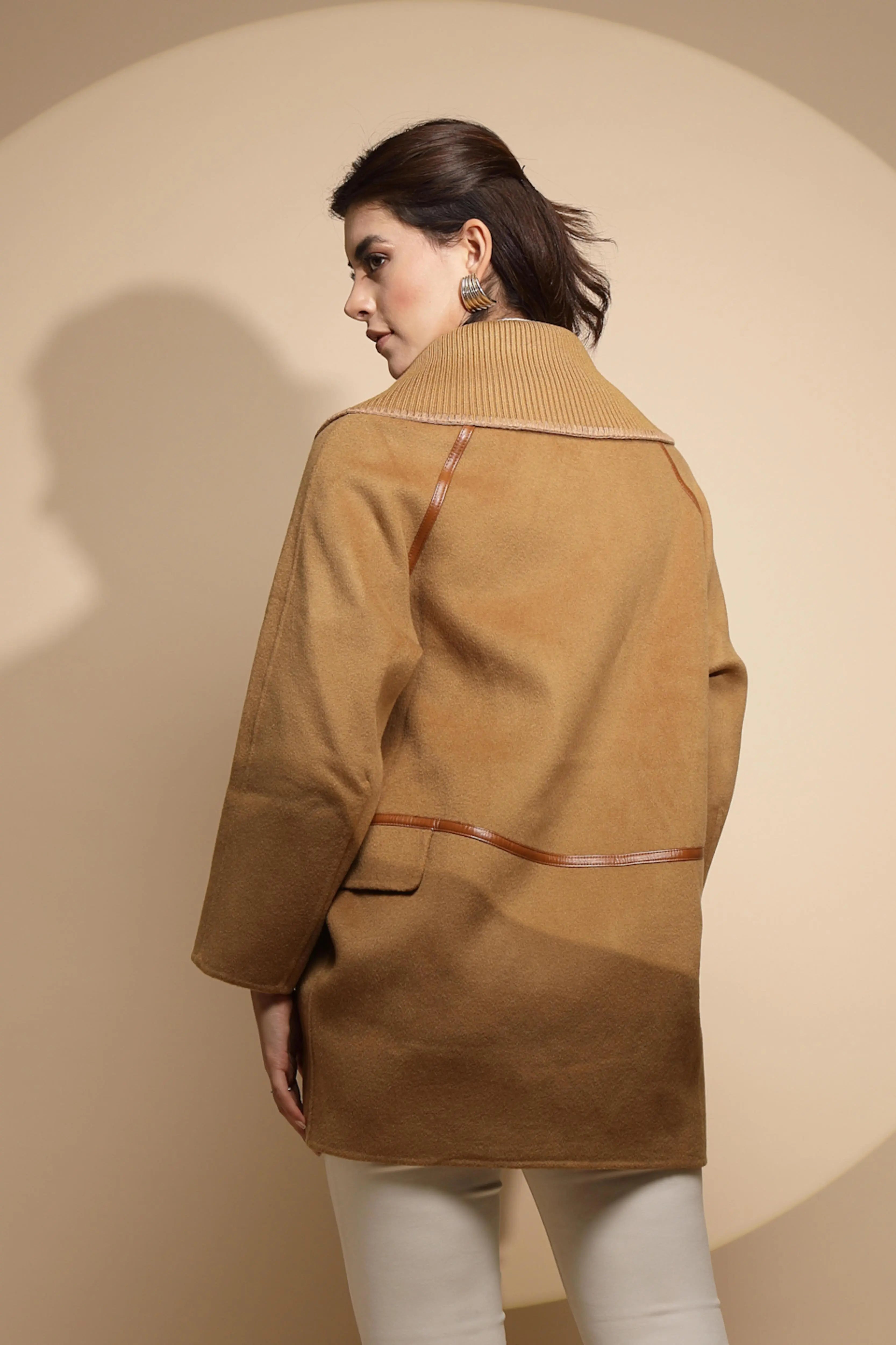 Brown Solid Collared Neck Wool Coat - Global Republic