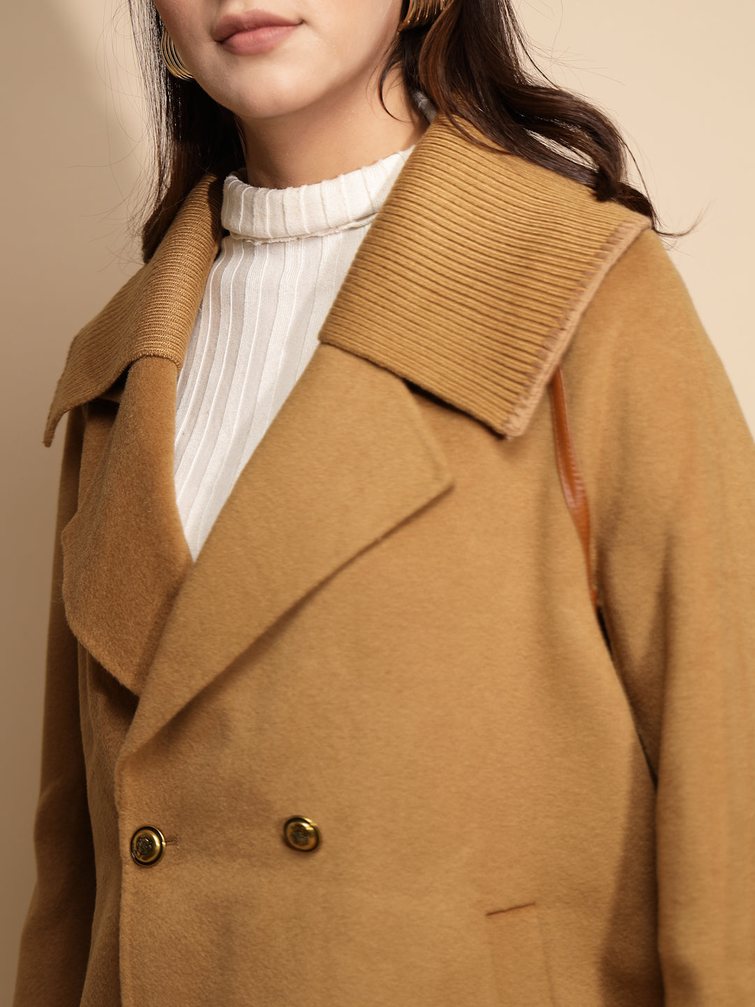 Brown Solid Collared Neck Wool Coat - Global Republic