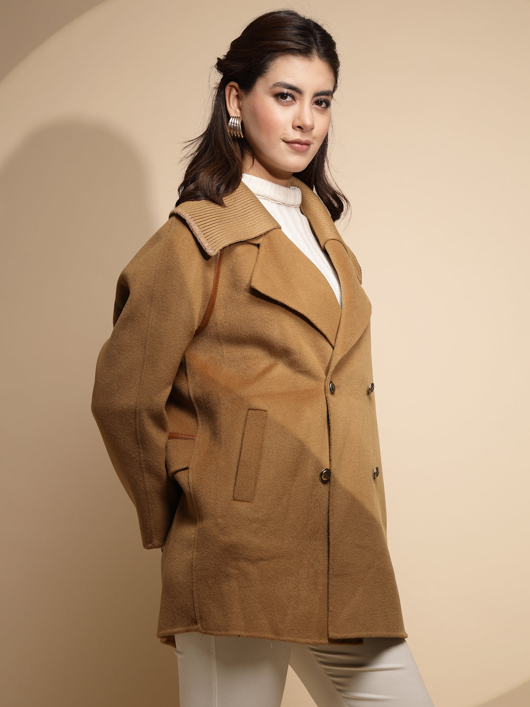 Brown Solid Collared Neck Wool Coat - Global Republic