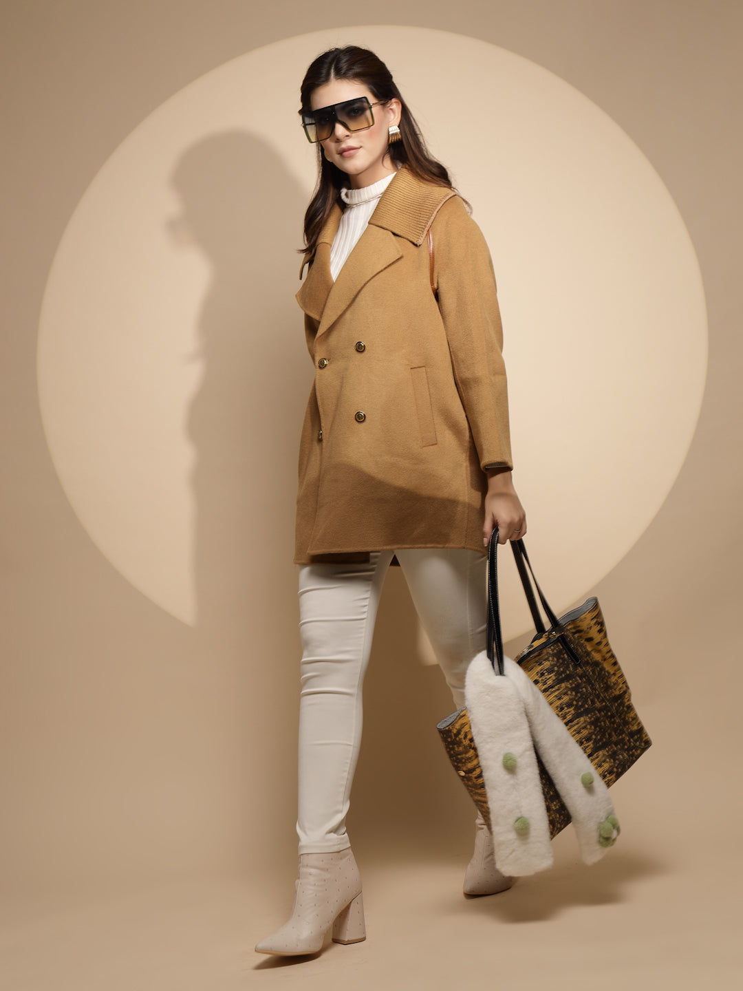 Brown Solid Collared Neck Wool Coat - Global Republic