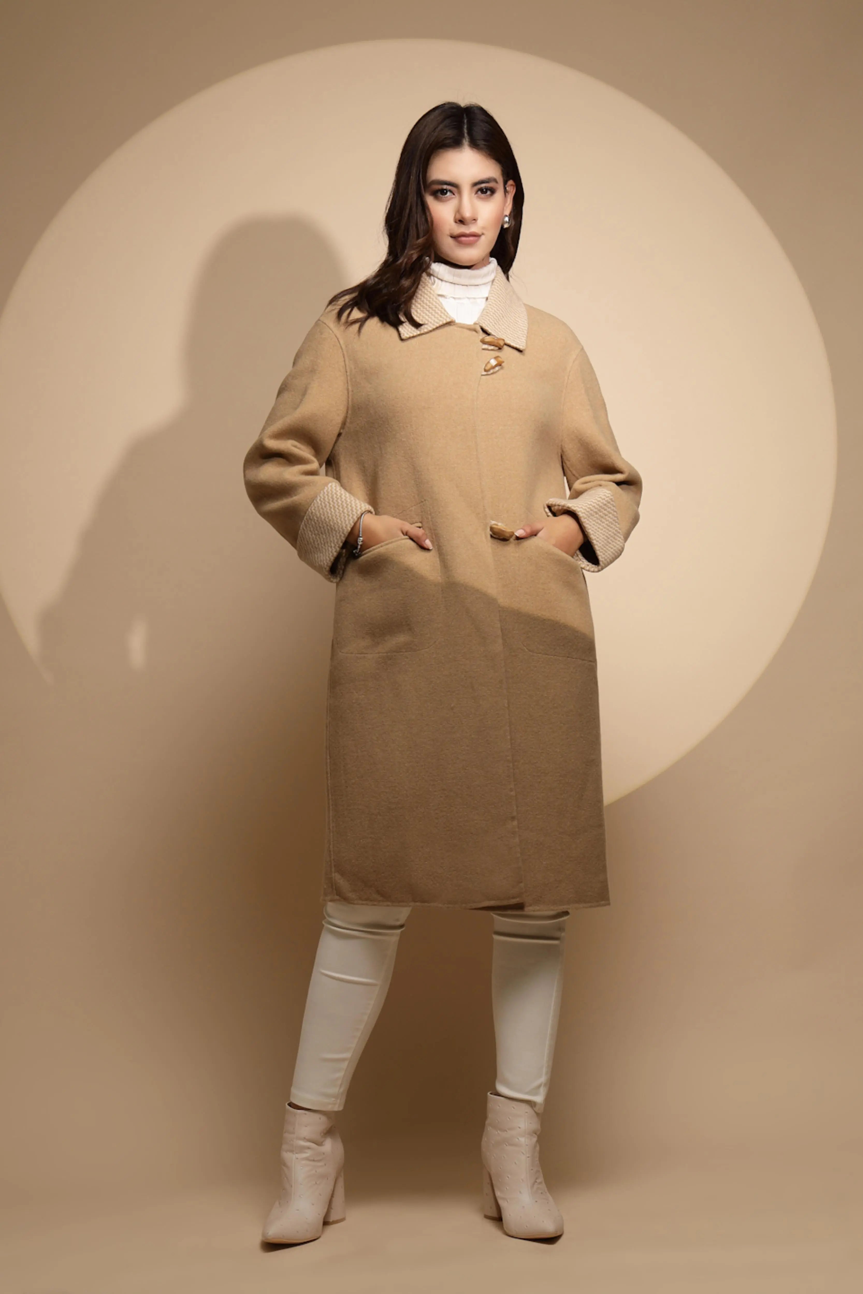 Beige Solid Collared Neck Full Sleeve Wool Coat - Global Republic