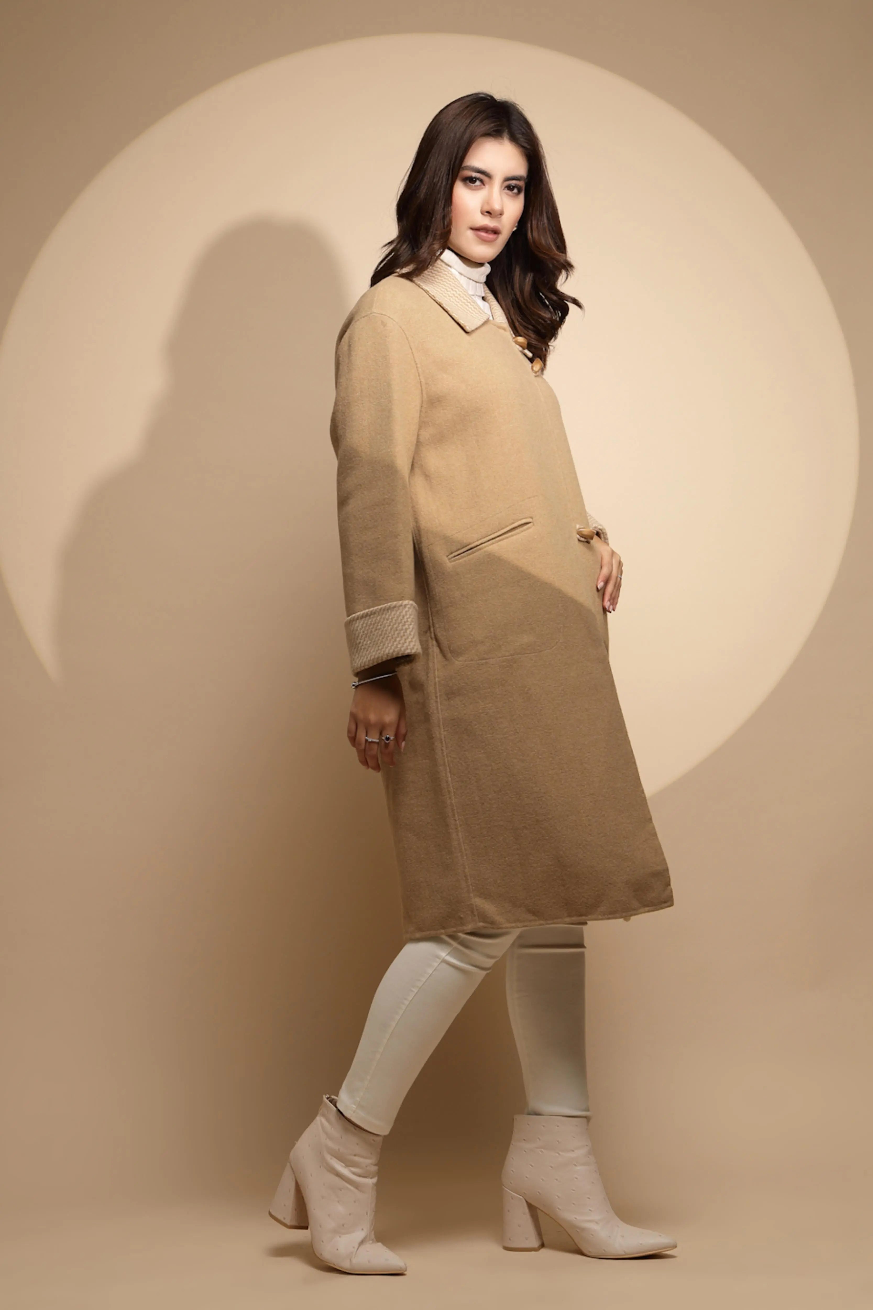 Beige Solid Collared Neck Full Sleeve Wool Coat - Global Republic