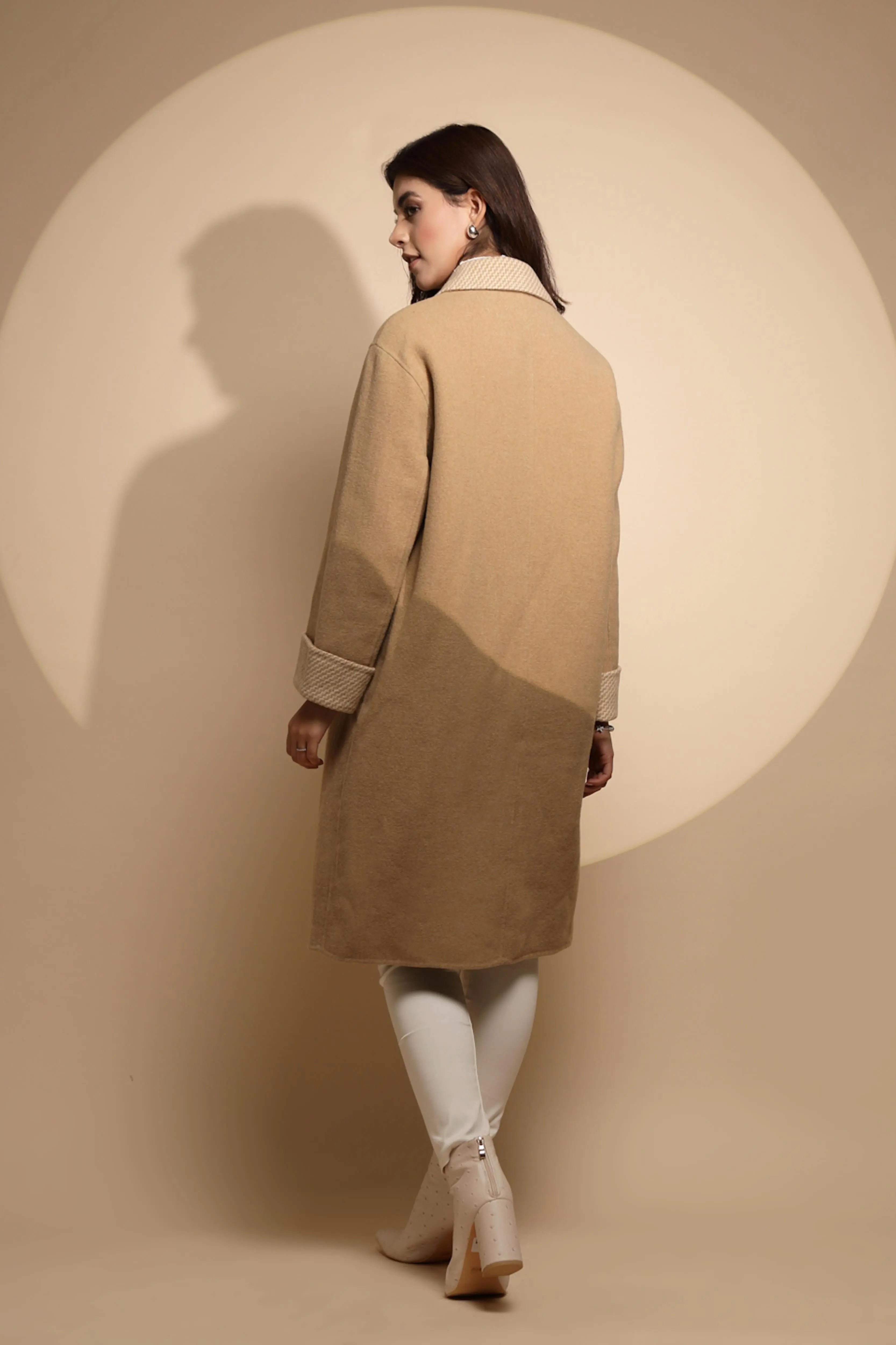 Beige Solid Collared Neck Full Sleeve Wool Coat - Global Republic