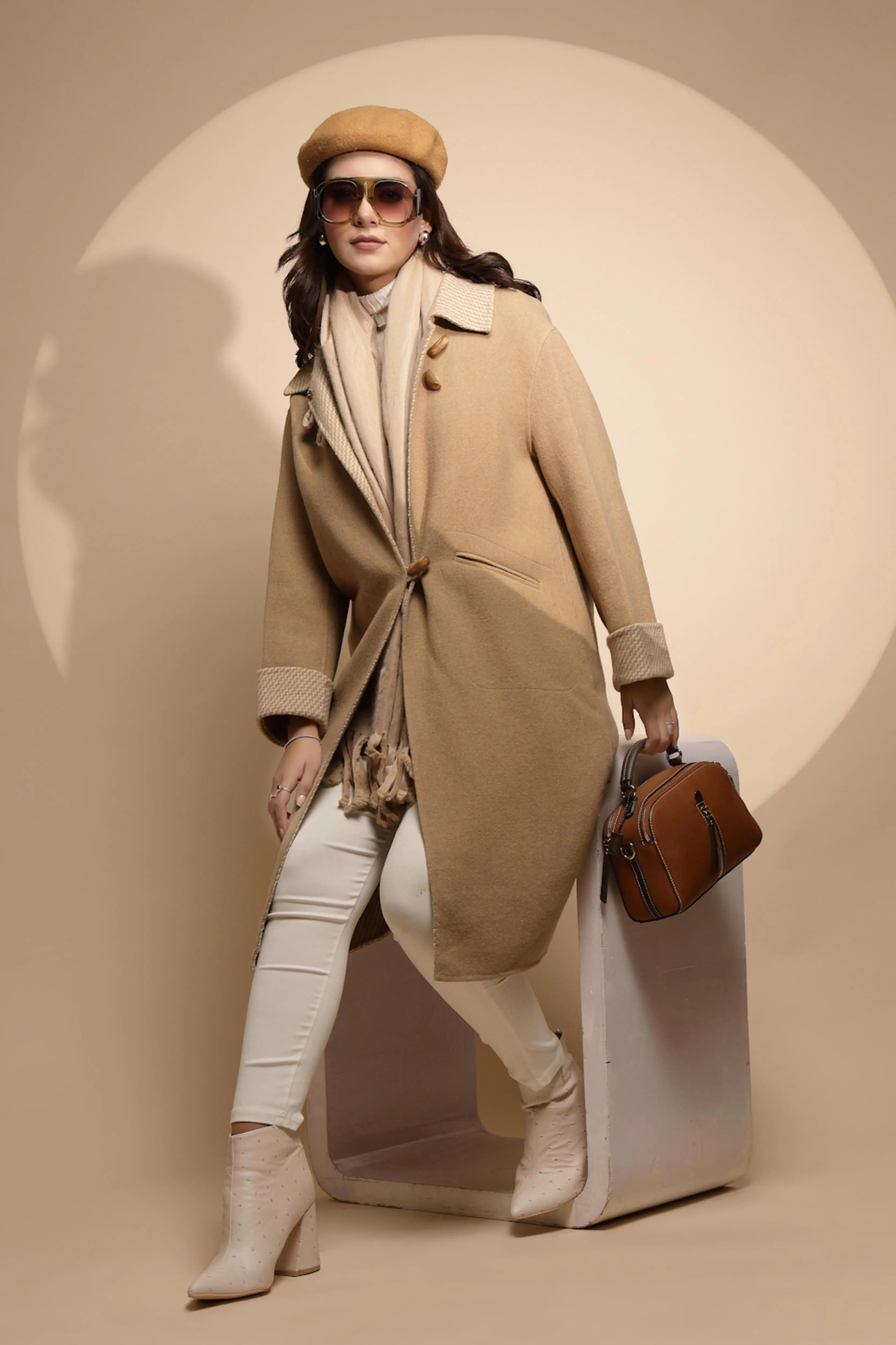 Beige Solid Collared Neck Full Sleeve Wool Coat - Global Republic
