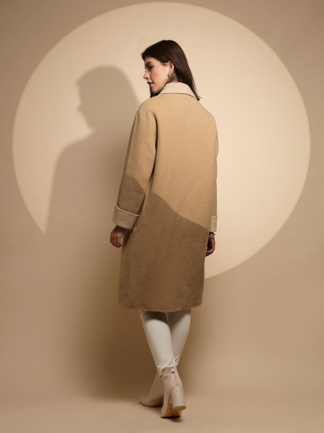 Beige Solid Collared Neck Full Sleeve Wool Coat - Global Republic