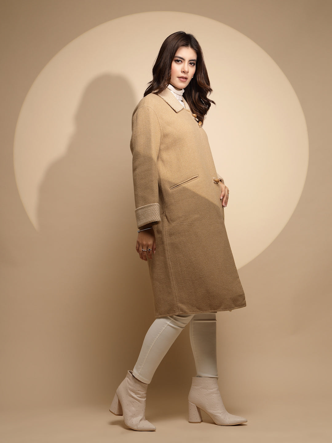 Beige Solid Collared Neck Full Sleeve Wool Coat - Global Republic