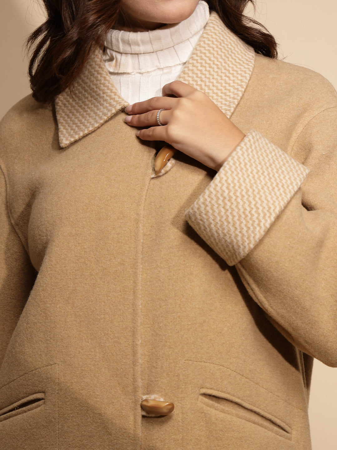 Beige Solid Collared Neck Full Sleeve Wool Coat - Global Republic