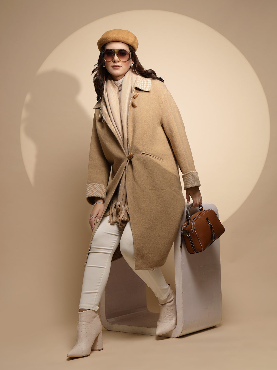 Beige Solid Collared Neck Full Sleeve Wool Coat - Global Republic