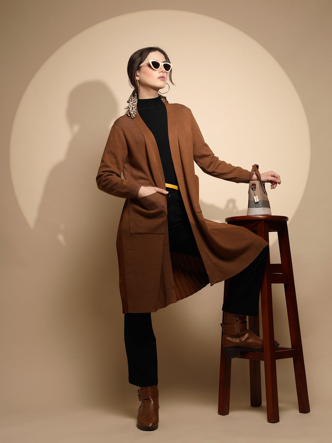 Solid Brown Knitted Winter Shrug - Global Republic