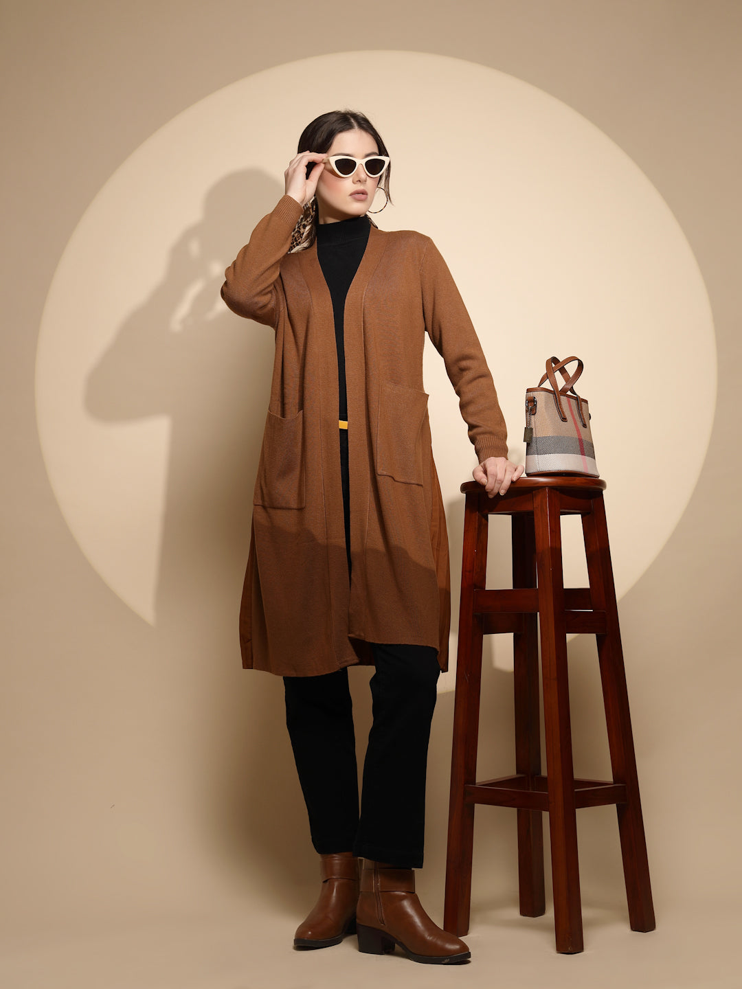 Solid Brown Knitted Winter Shrug - Global Republic