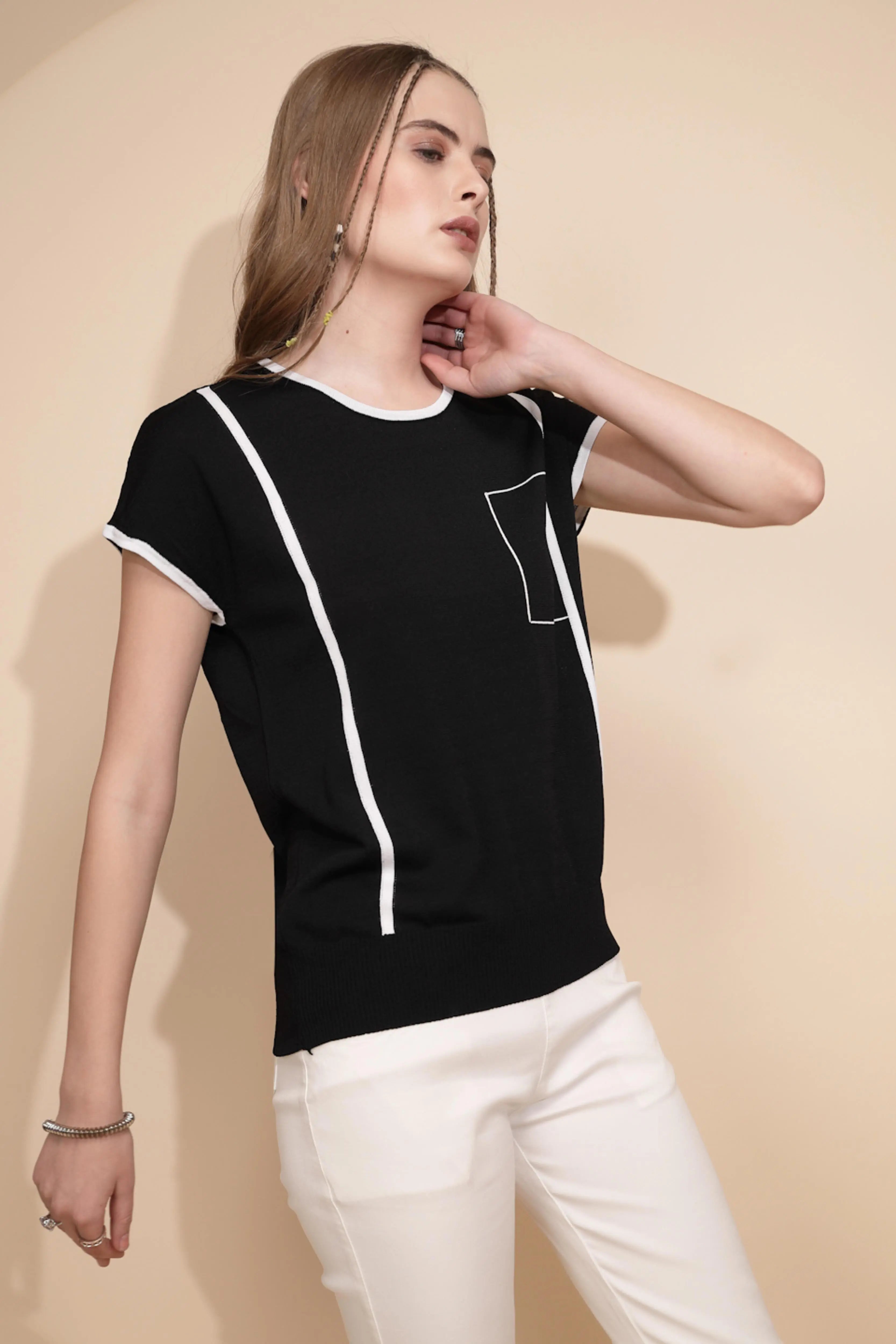 Black Regular Fit Viscose Blend Top - Global Republic