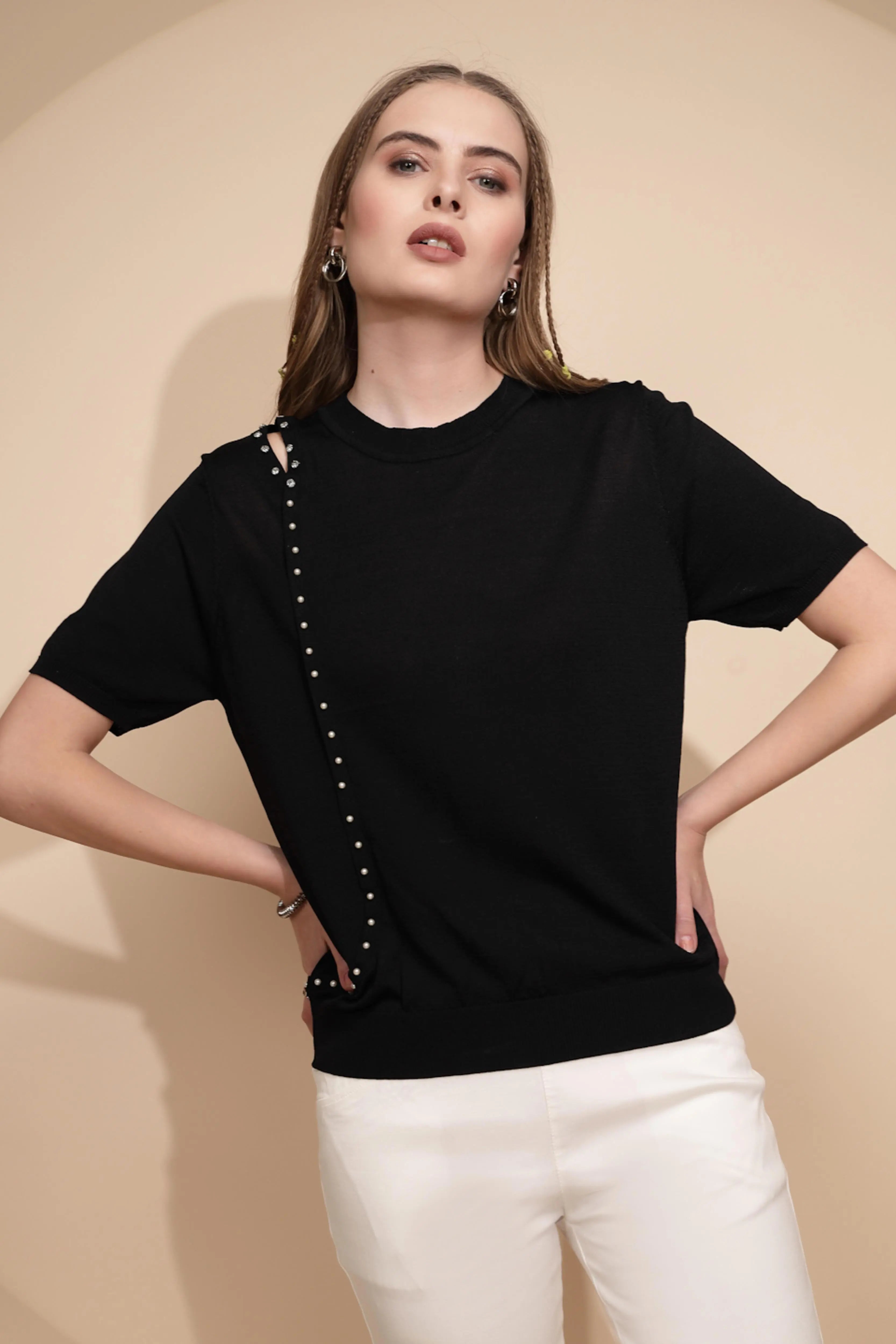 Black Solid Viscose Blend Top - Global Republic