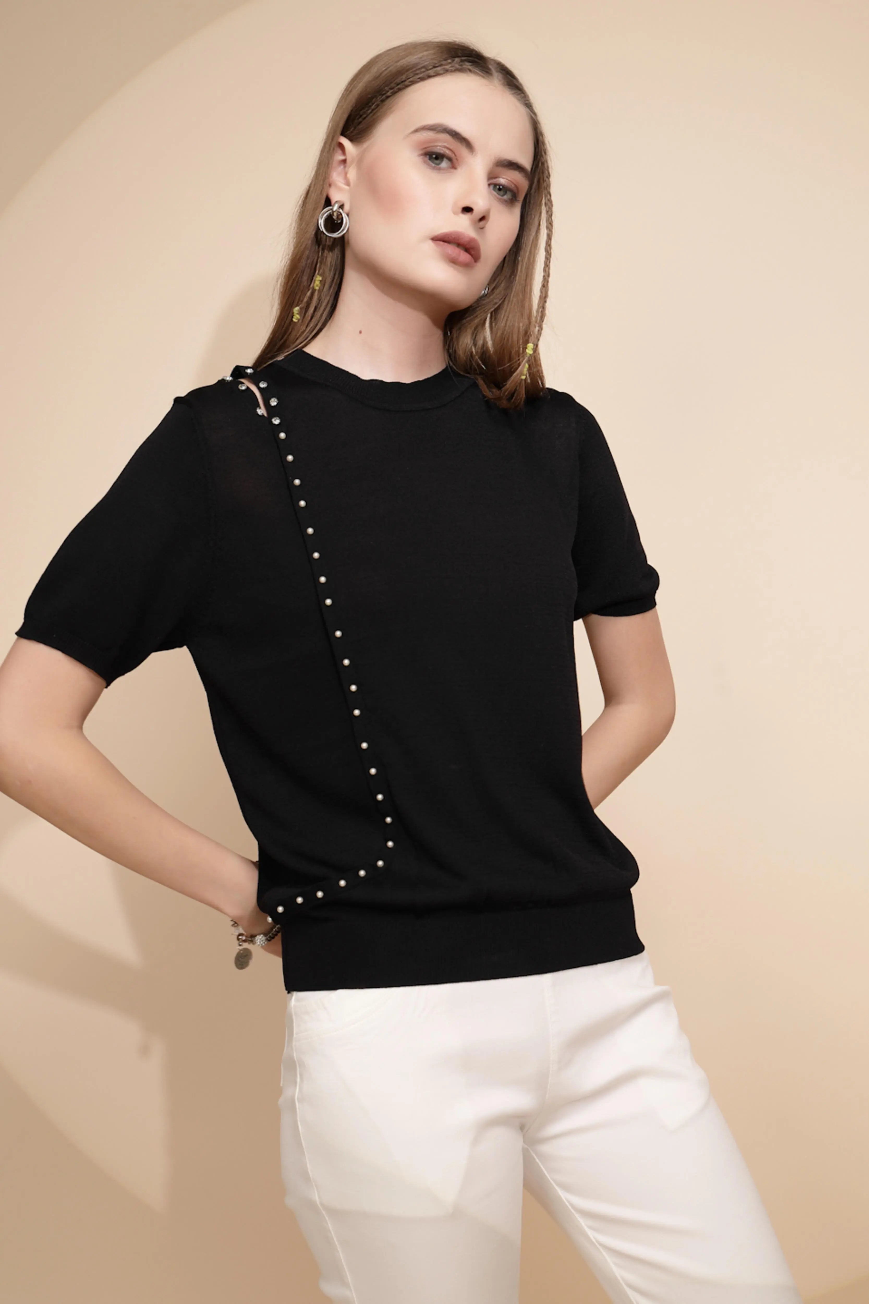 Black Solid Viscose Blend Top - Global Republic