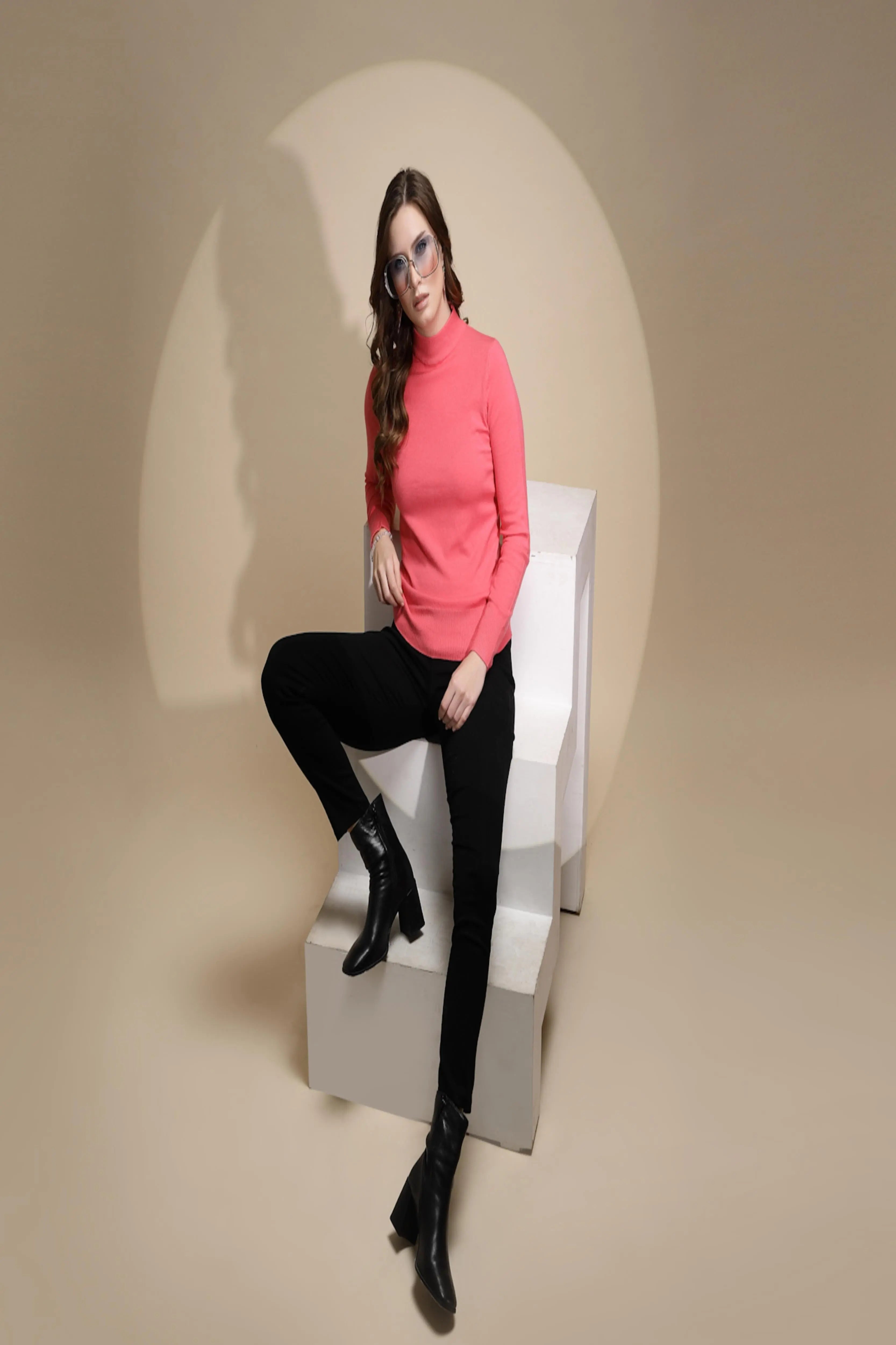 Hot Pink Turtle Neck Solid Pullover - Global Republic