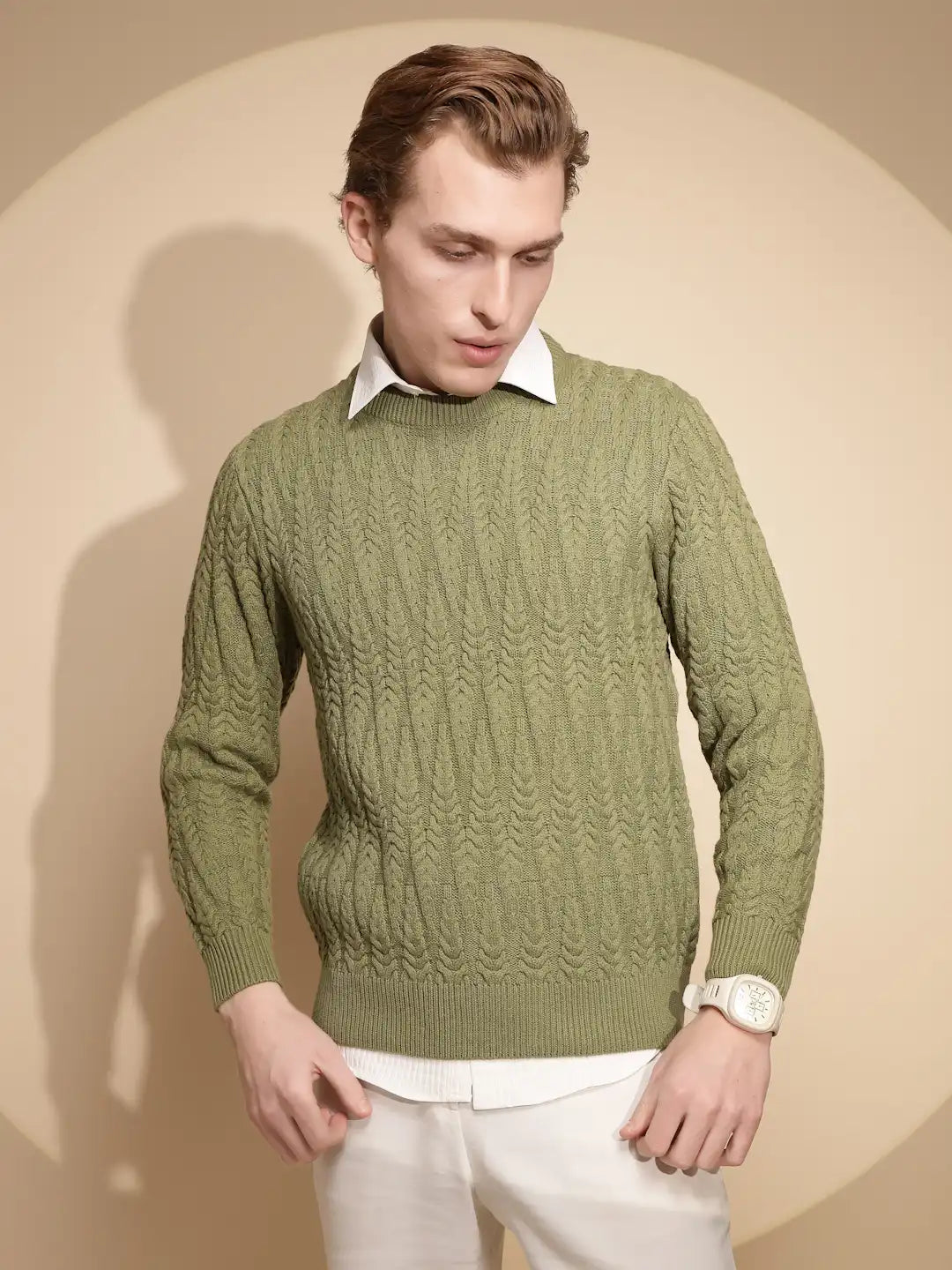 Men Green Solid Full Sleeve Round Neck Knitted Pullover - Global Republic