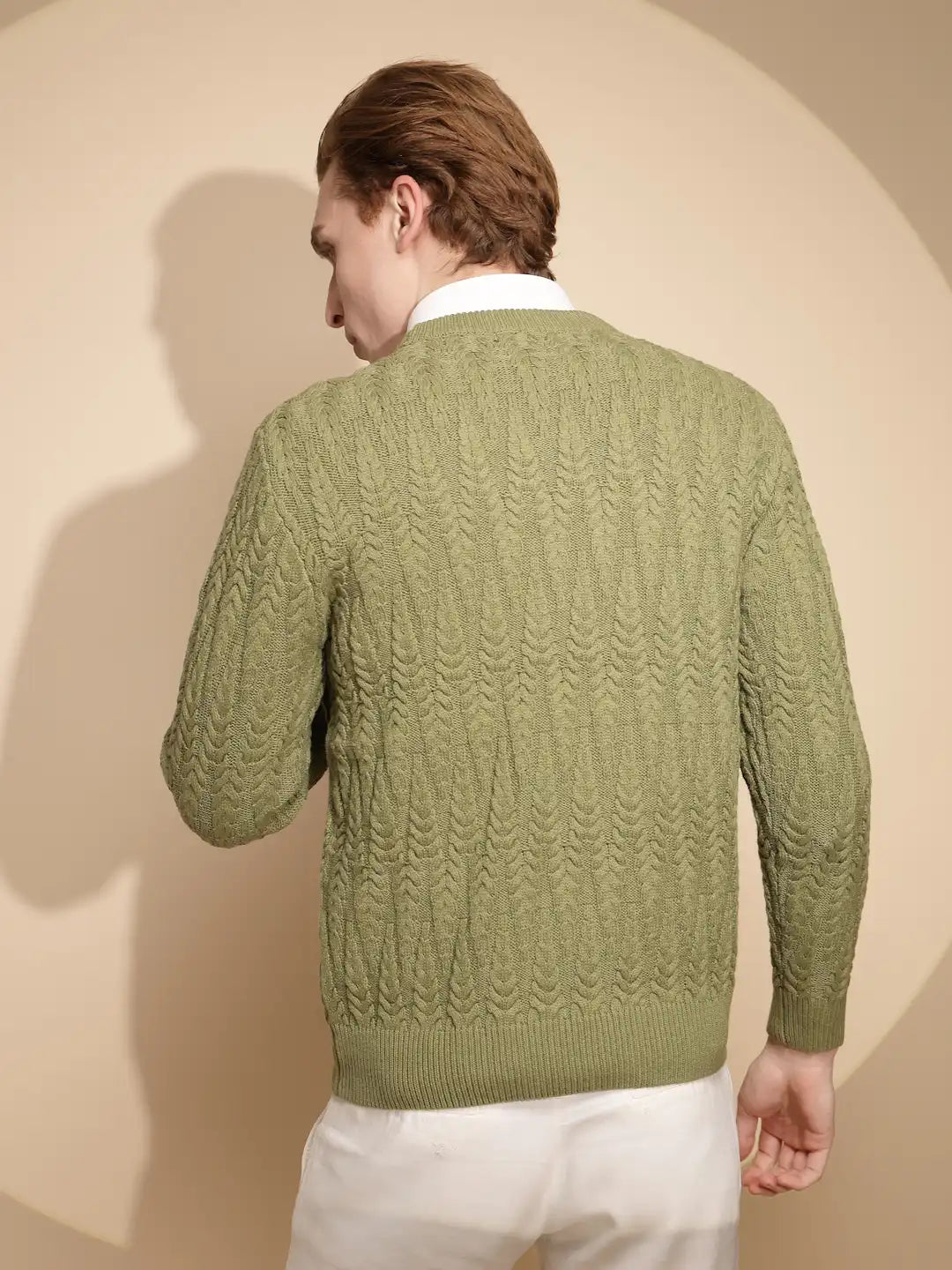 Men Green Solid Full Sleeve Round Neck Knitted Pullover - Global Republic