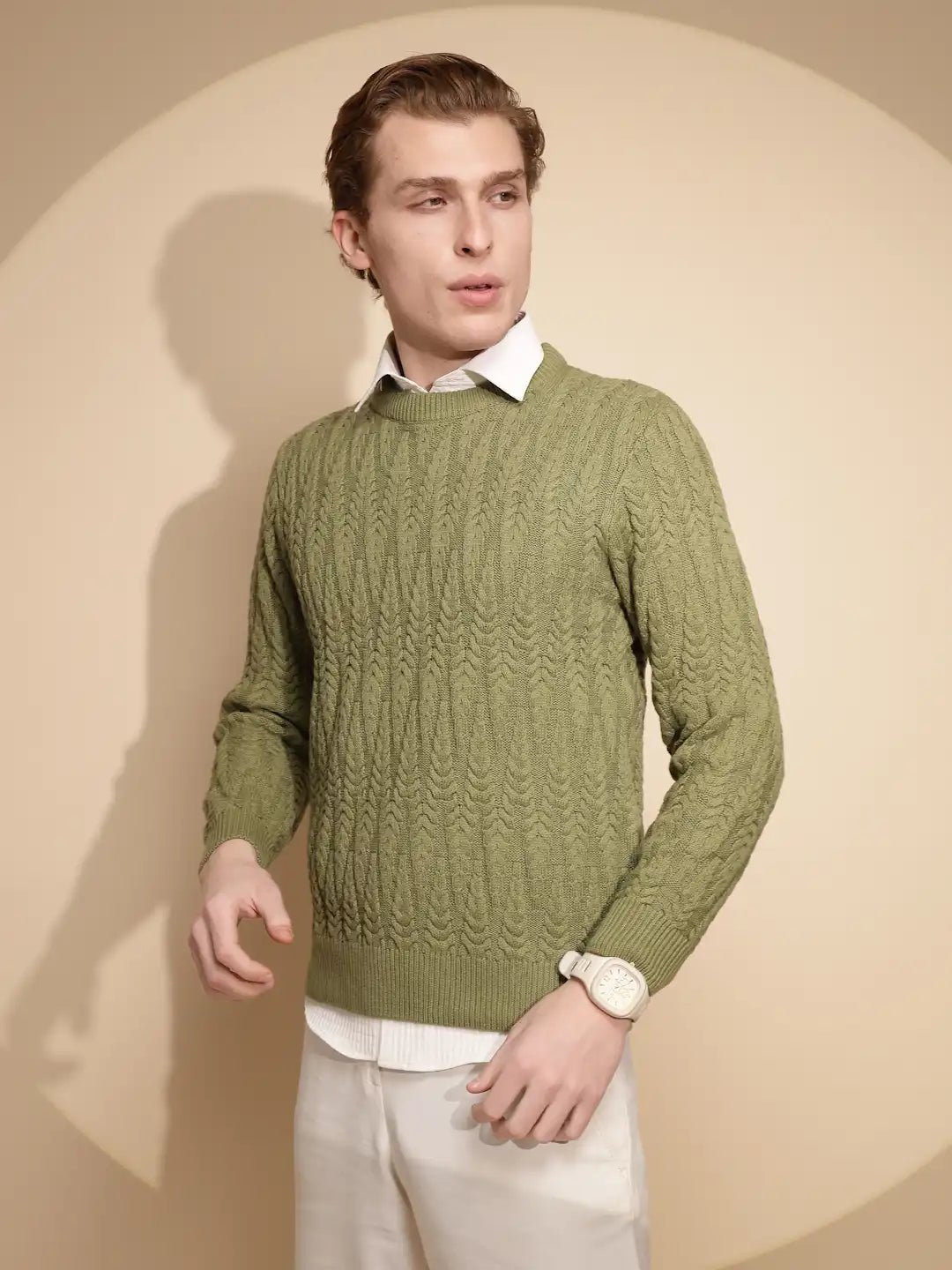 Men Green Solid Full Sleeve Round Neck Knitted Pullover - Global Republic