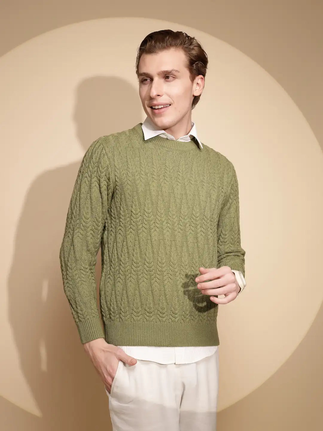 Men Green Solid Full Sleeve Round Neck Knitted Pullover - Global Republic