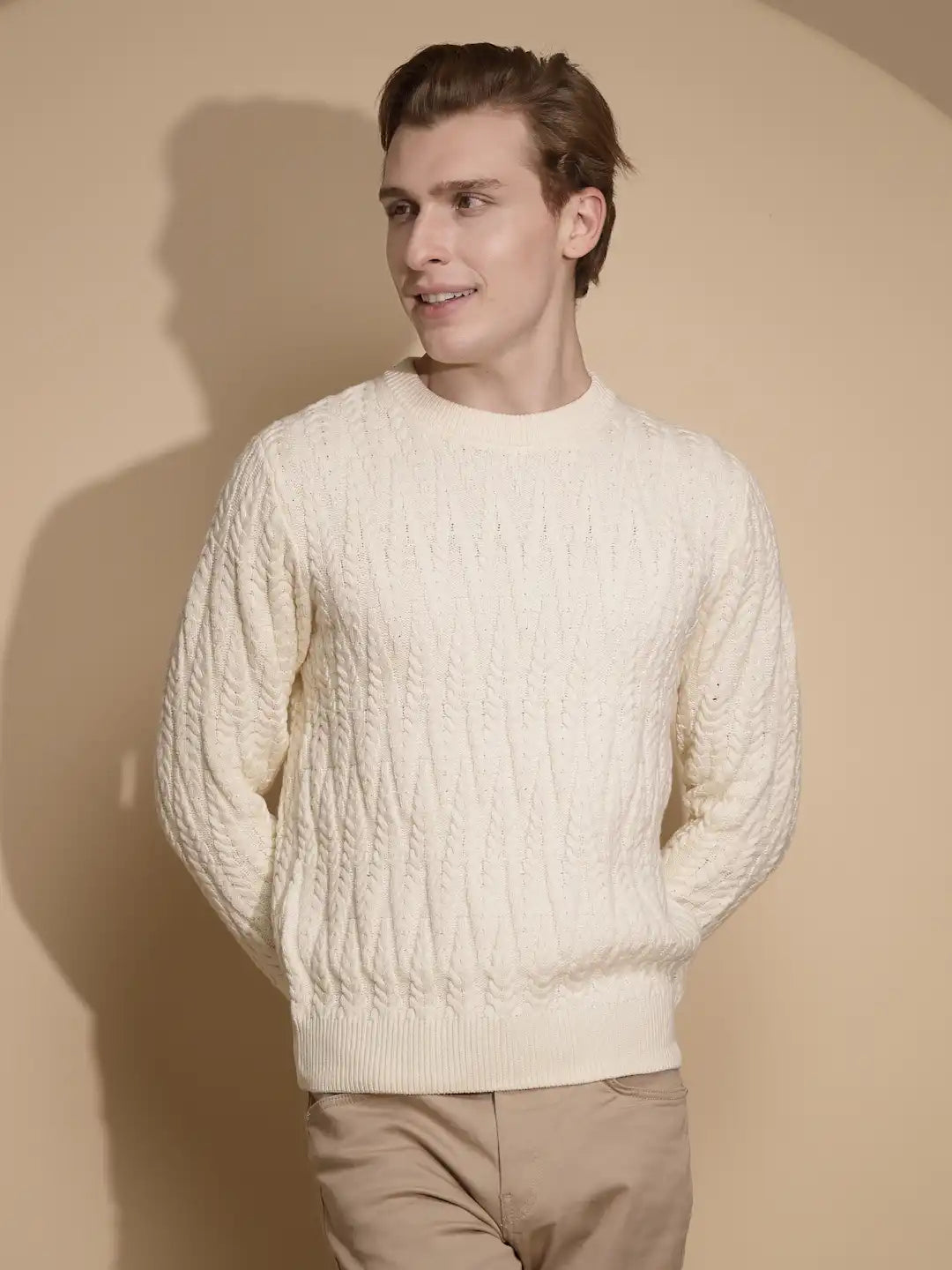 Men Off White Solid Full Sleeve Round Neck Knitted Pullover - Global Republic