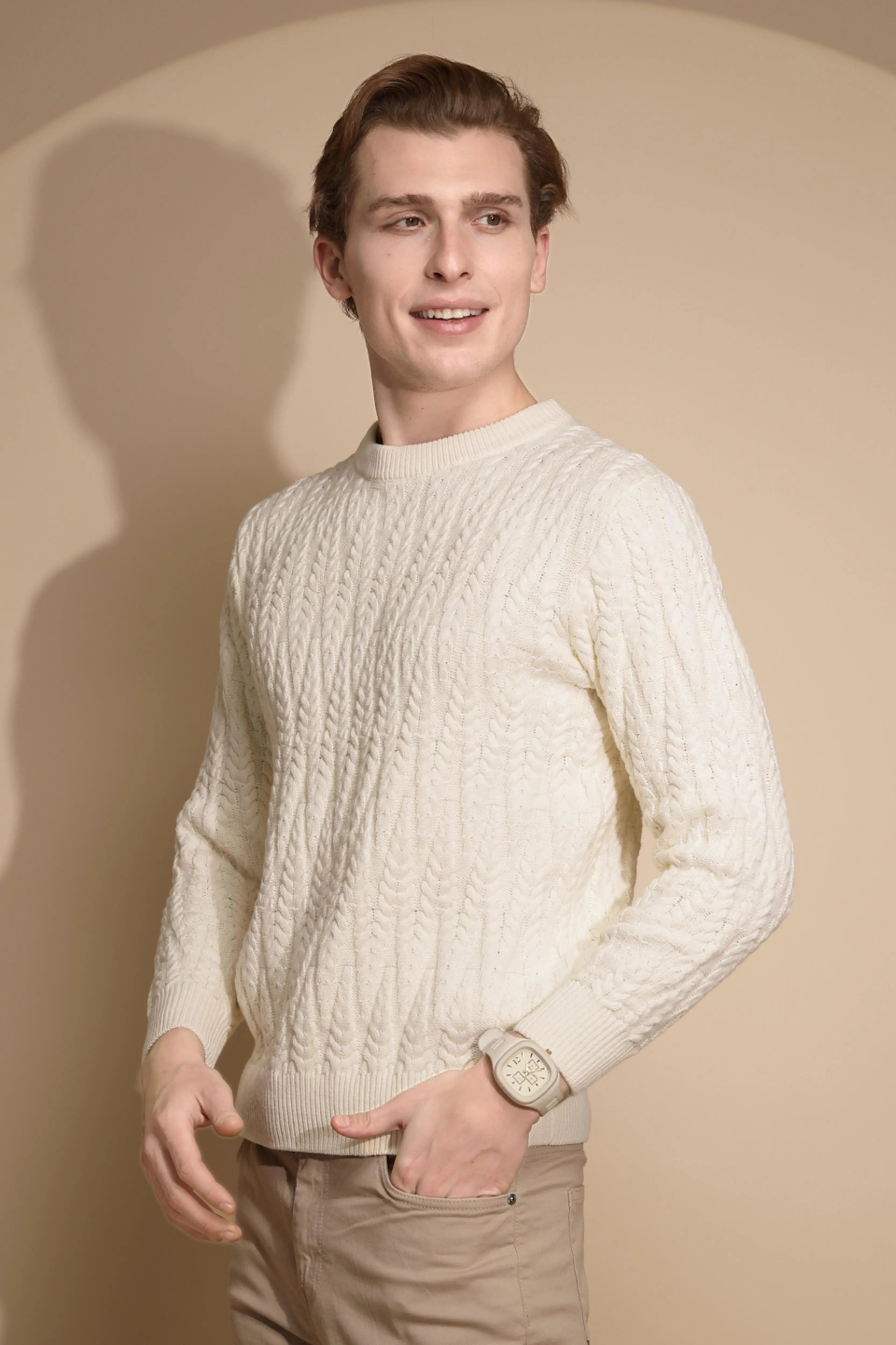 Men Off White Solid Full Sleeve Round Neck Knitted Pullover - Global Republic