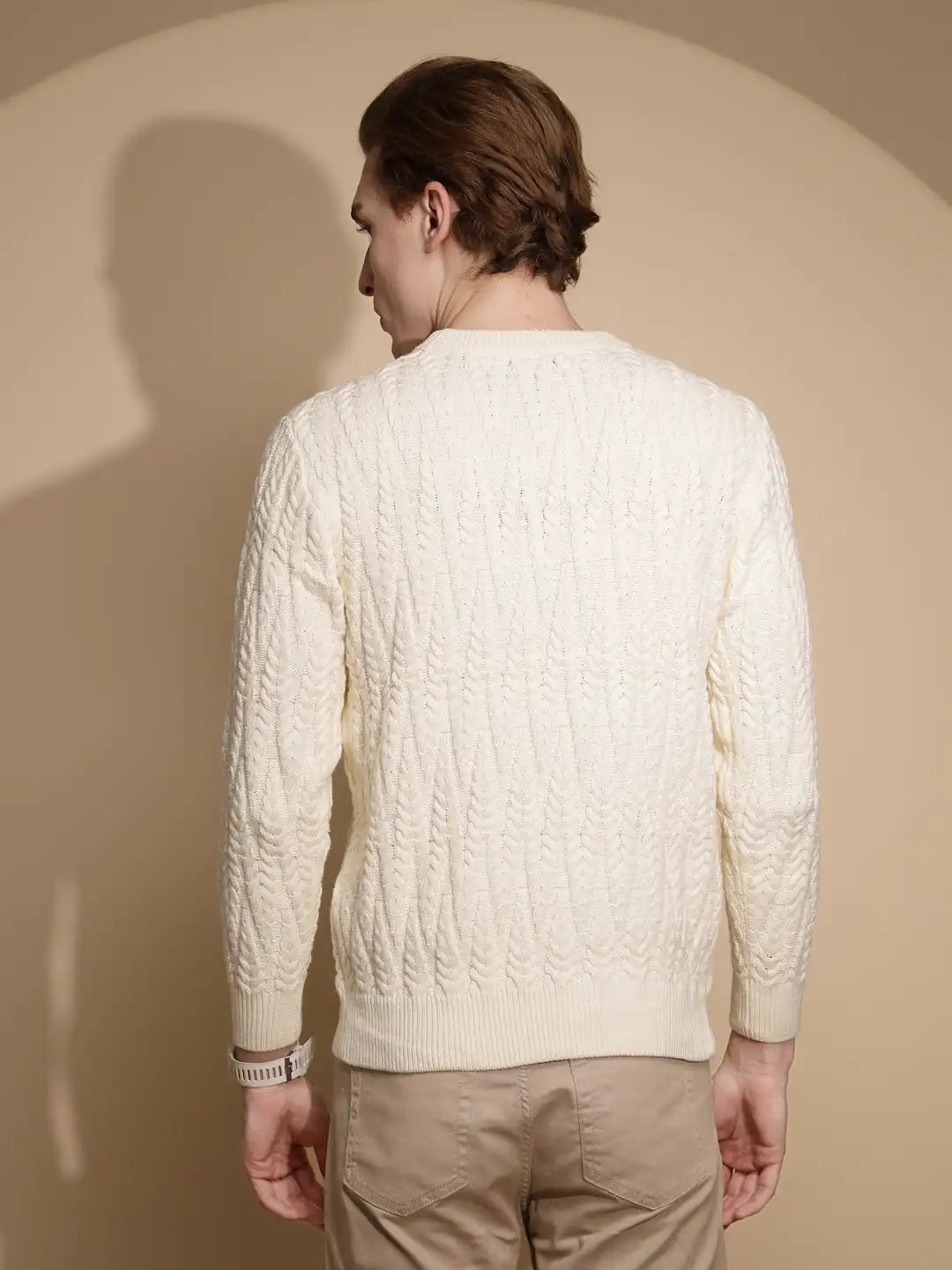Men Off White Solid Full Sleeve Round Neck Knitted Pullover - Global Republic