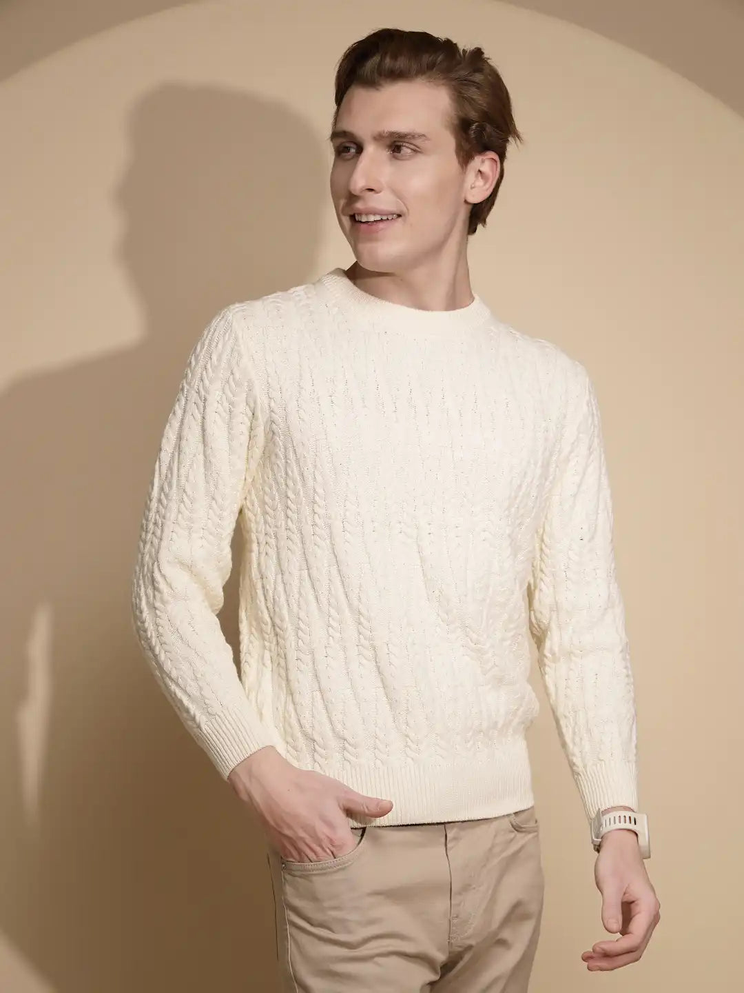 Off White Solid Full Sleeve Round Neck Knitted Pullover - Global Republic