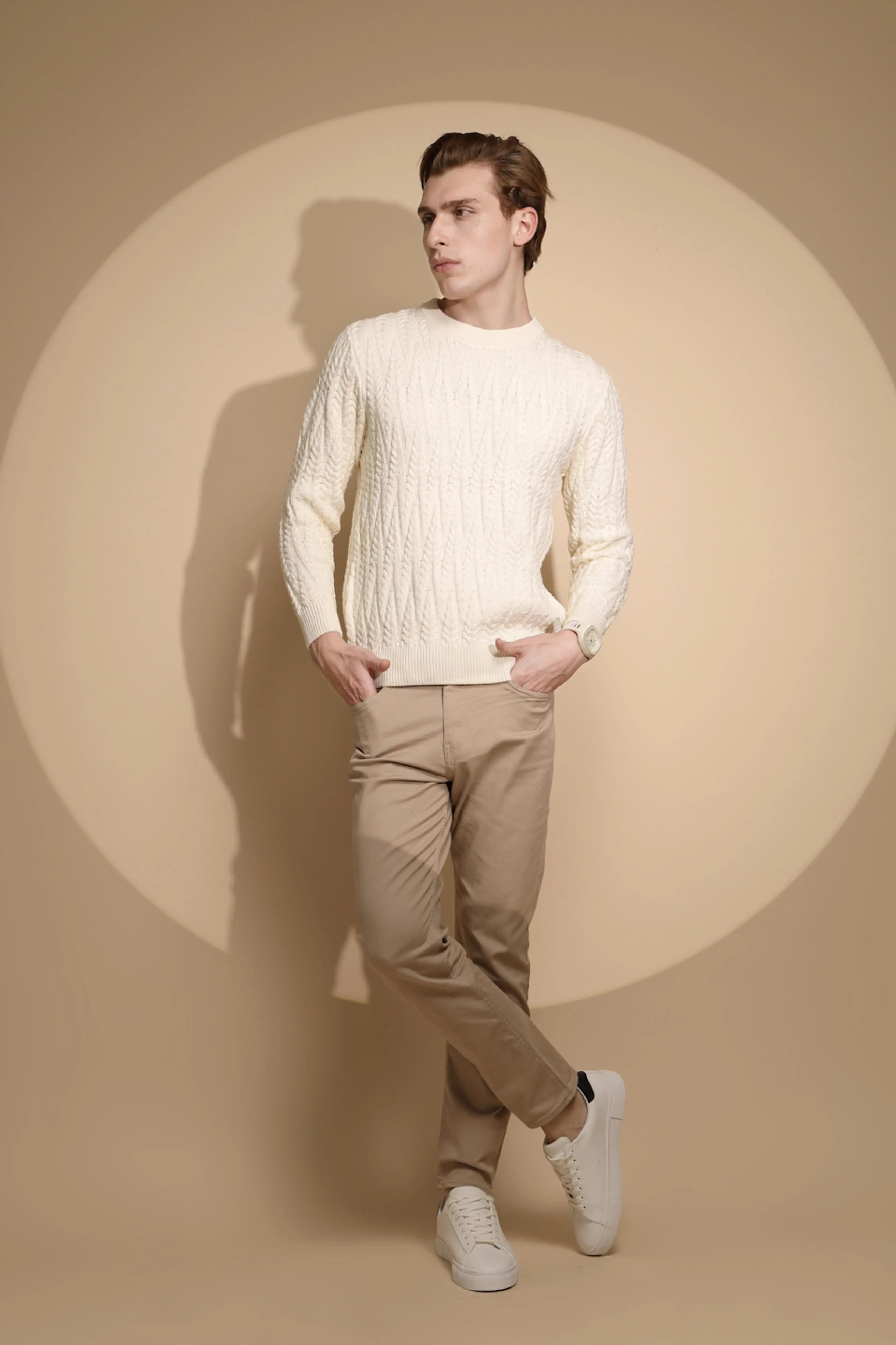 Off White Solid Full Sleeve Round Neck Knitted Pullover - Global Republic