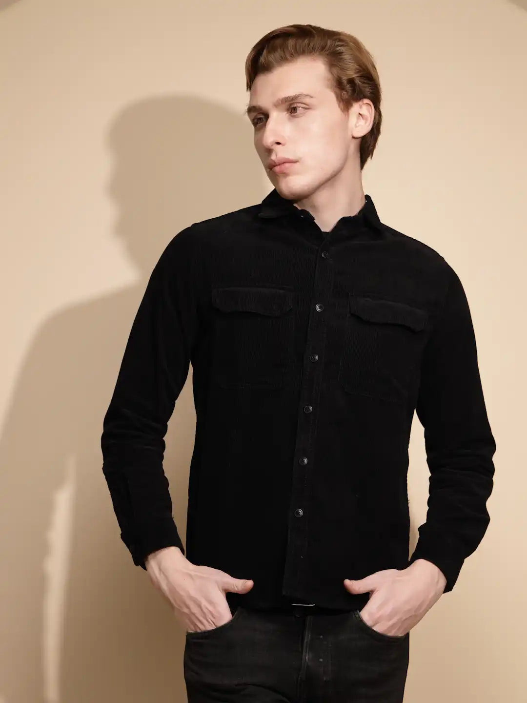 Men Black Solid Full Sleeve Collar Neck cotton Regular fit Shirt - Global Republic