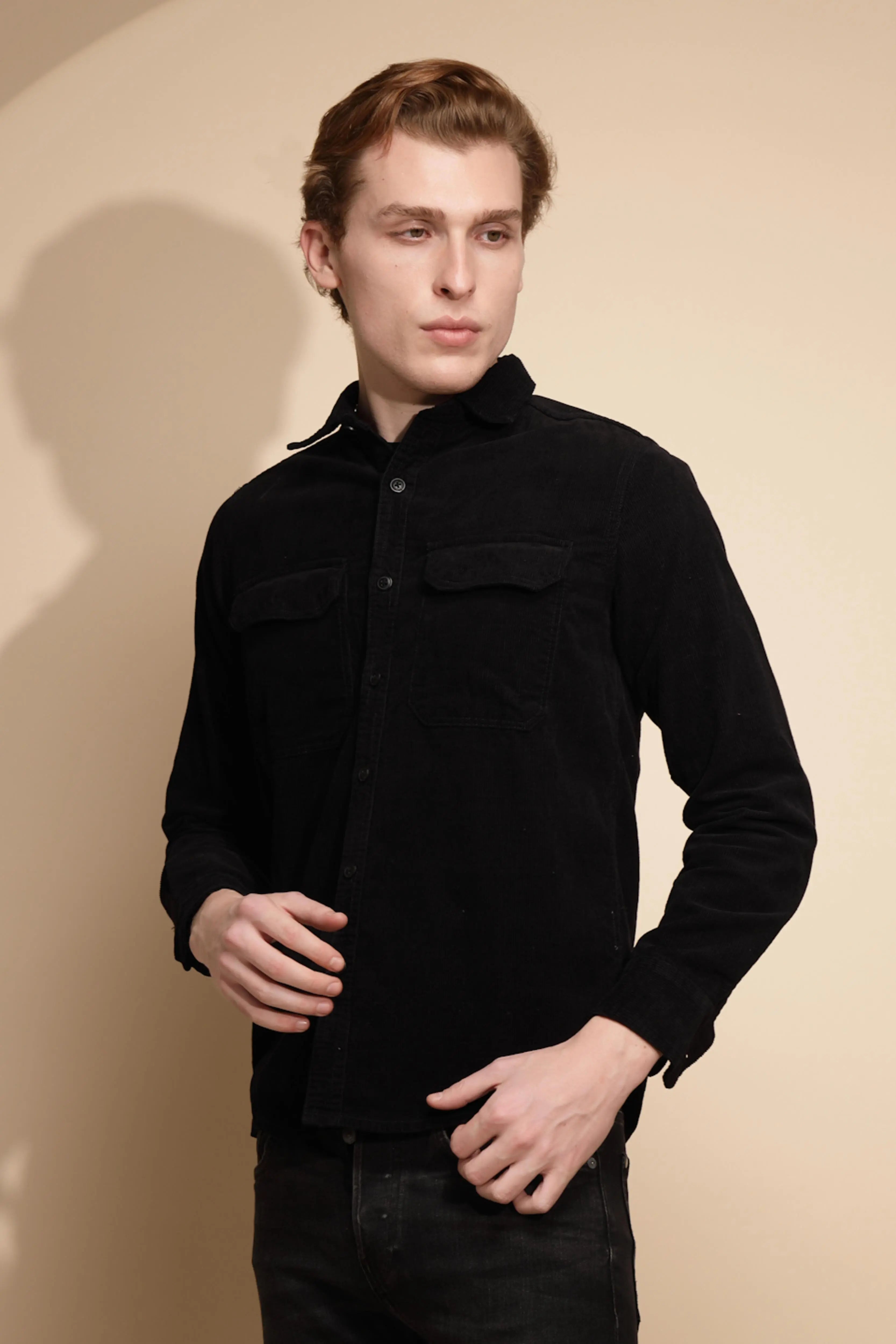 Men Black Solid Full Sleeve Collar Neck cotton Regular fit Shirt - Global Republic