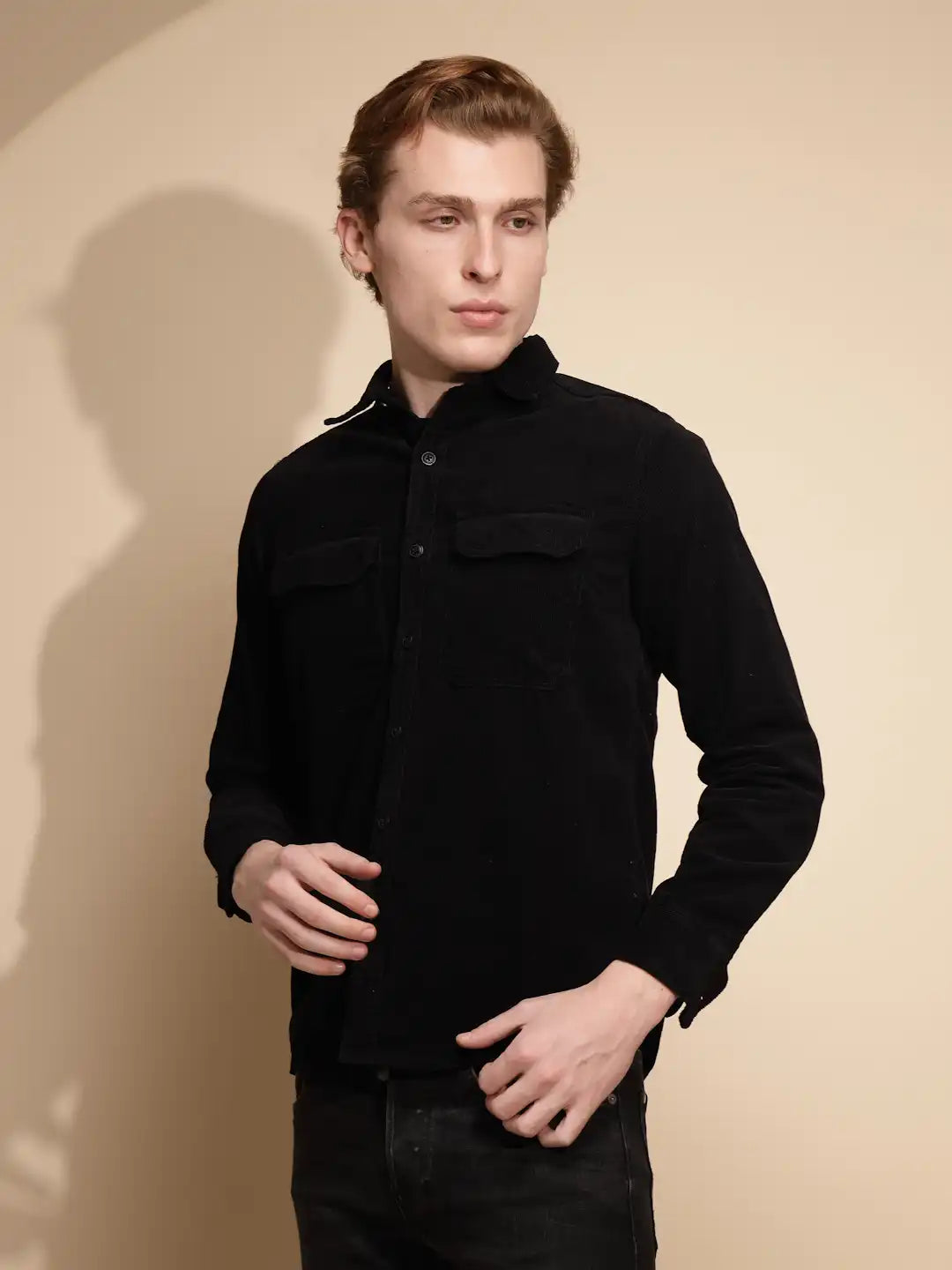 Men Black Solid Full Sleeve Collar Neck cotton Regular fit Shirt - Global Republic