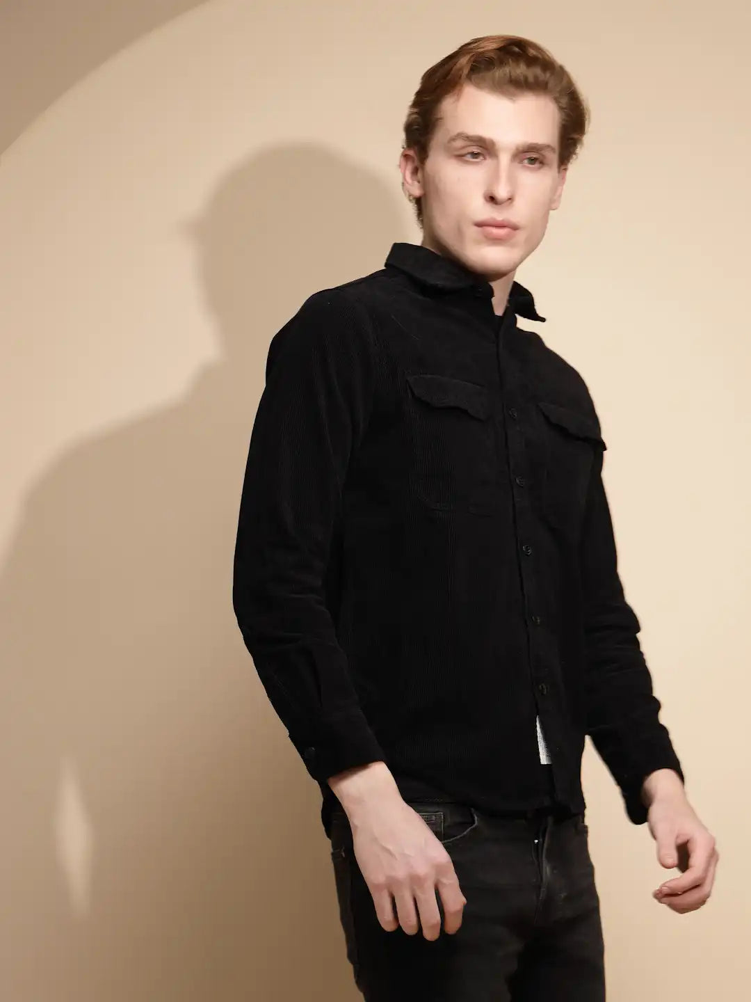 Men Black Solid Full Sleeve Collar Neck cotton Regular fit Shirt - Global Republic