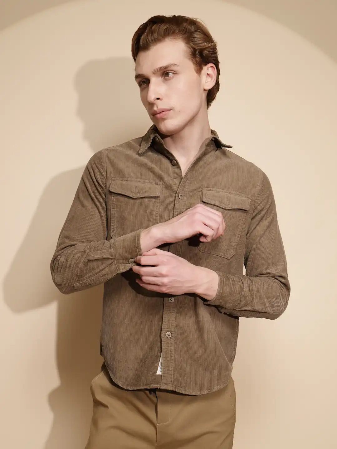 Men Brown Solid Full Sleeve Collar Neck cotton Shirt - Global Republic