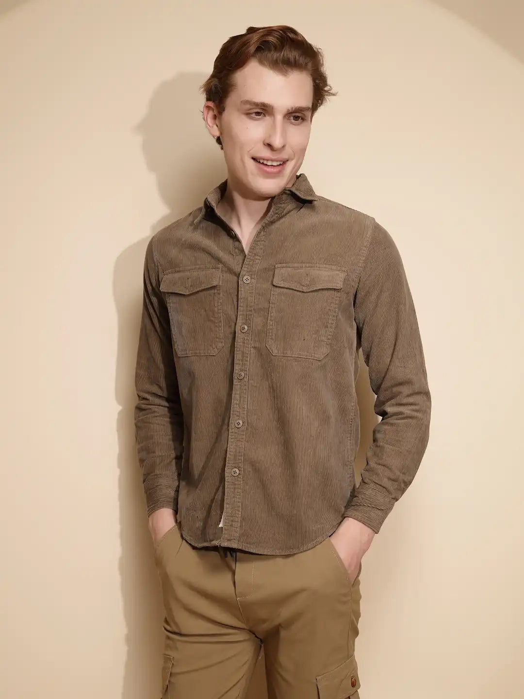 Men Brown Solid Full Sleeve Collar Neck cotton Shirt - Global Republic