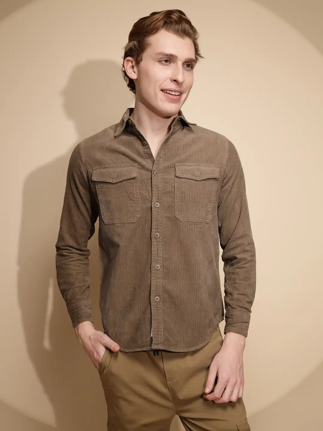 Men Brown Solid Full Sleeve Collar Neck cotton Shirt - Global Republic