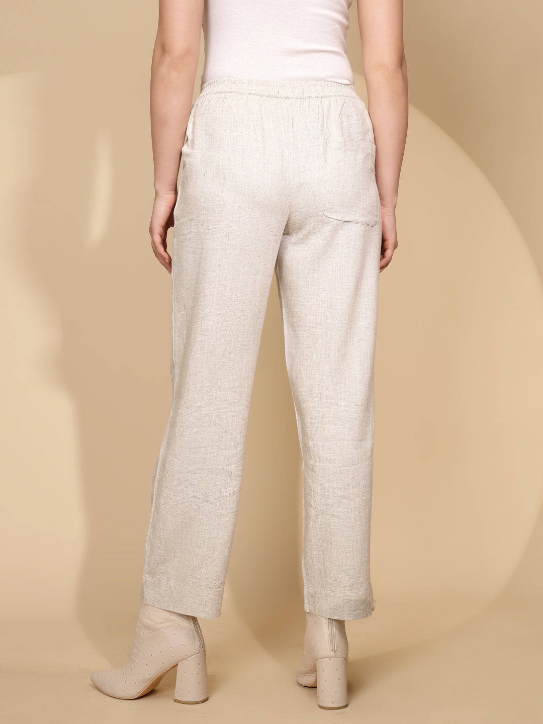 Beige Linen Relaxed Fit Trouser For Women - Global Republic
