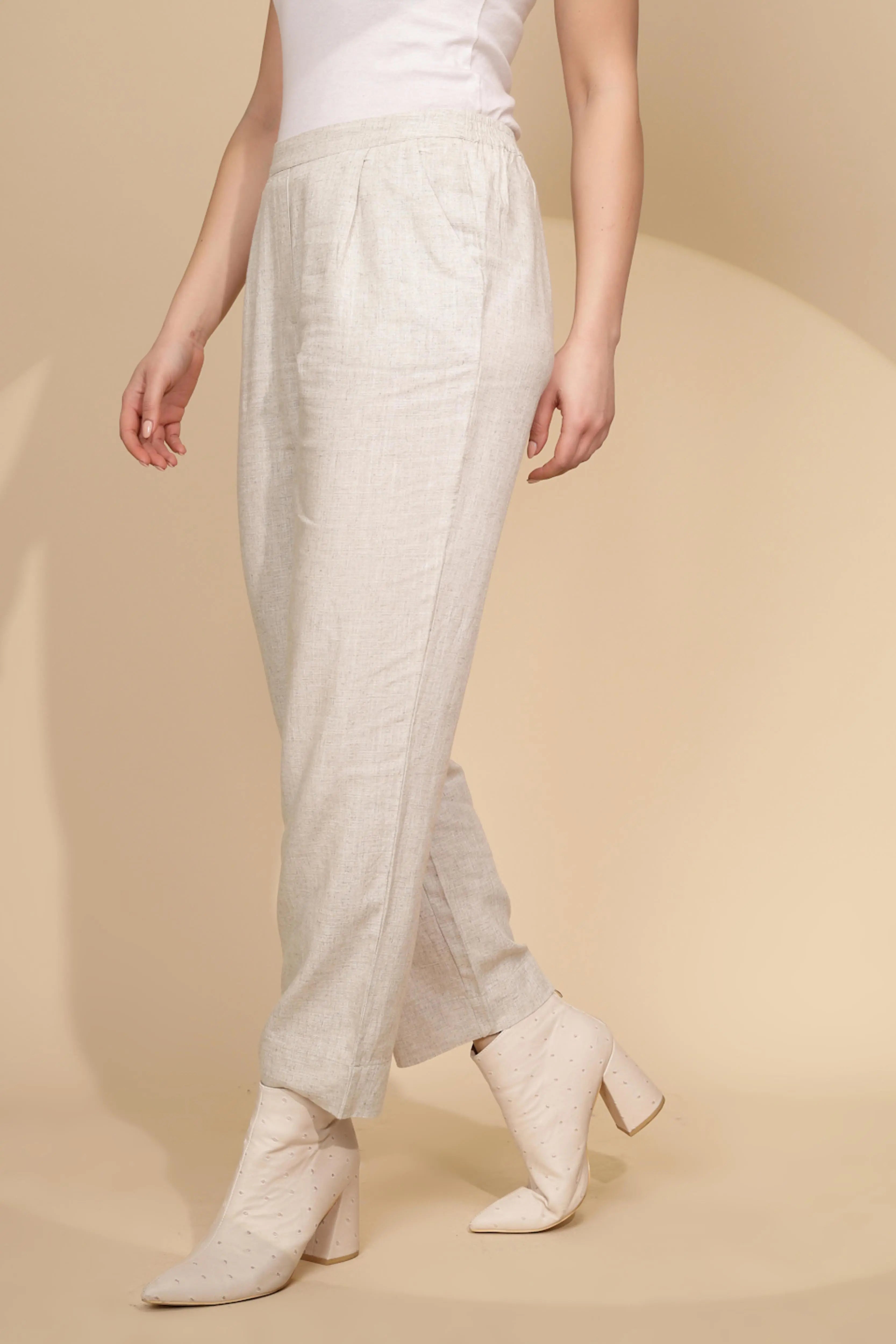 Beige Linen Relaxed Fit Trouser For Women - Global Republic