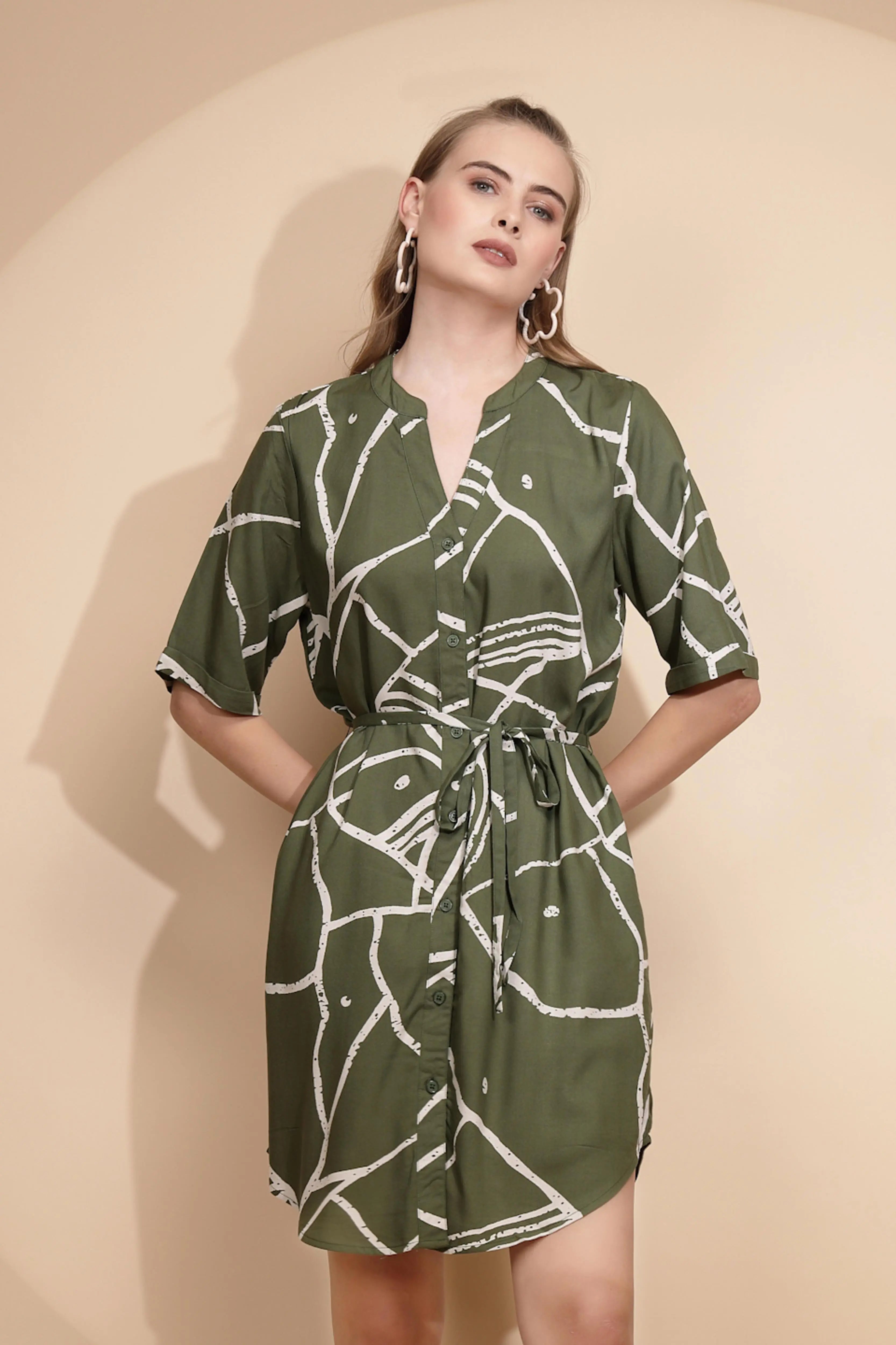 Olive Rayon Regular Fit Tunic For Women - Global Republic