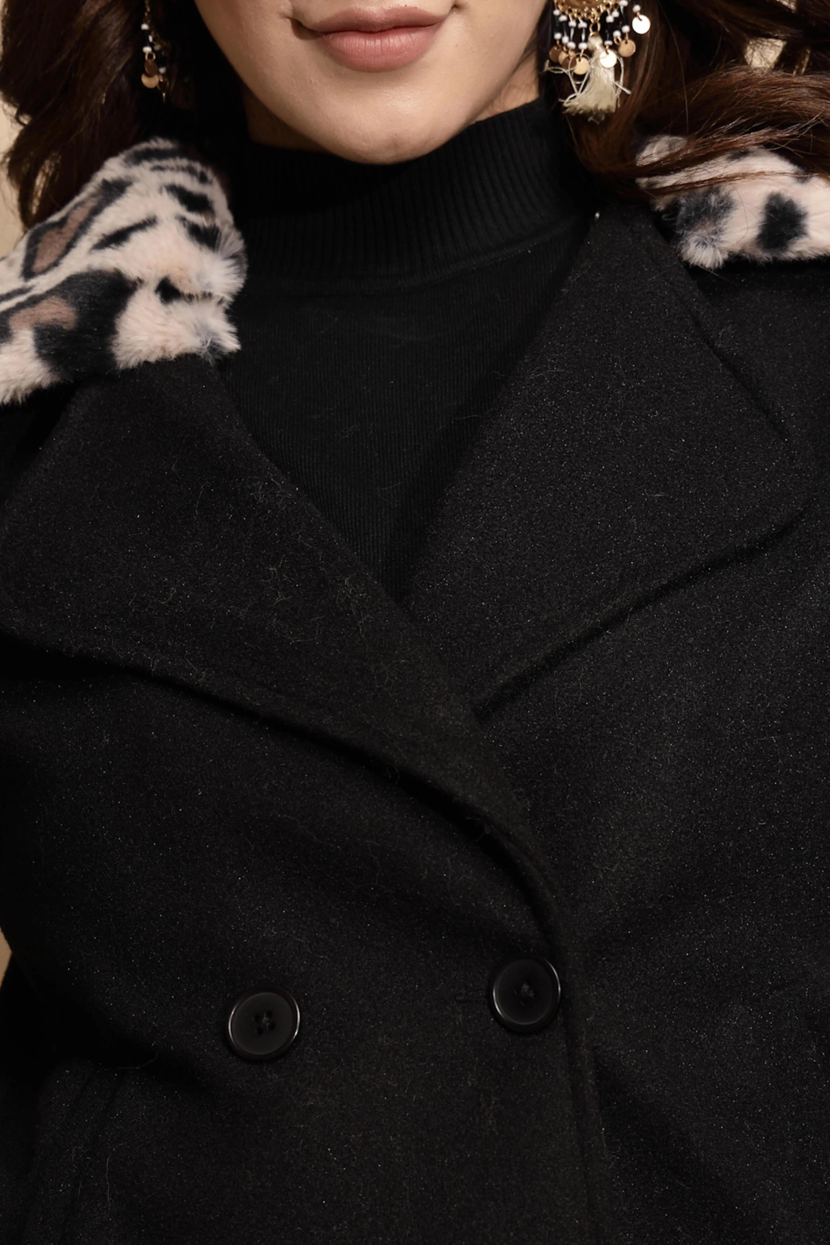 Black Solid Wool Blend Coat - Global Republic