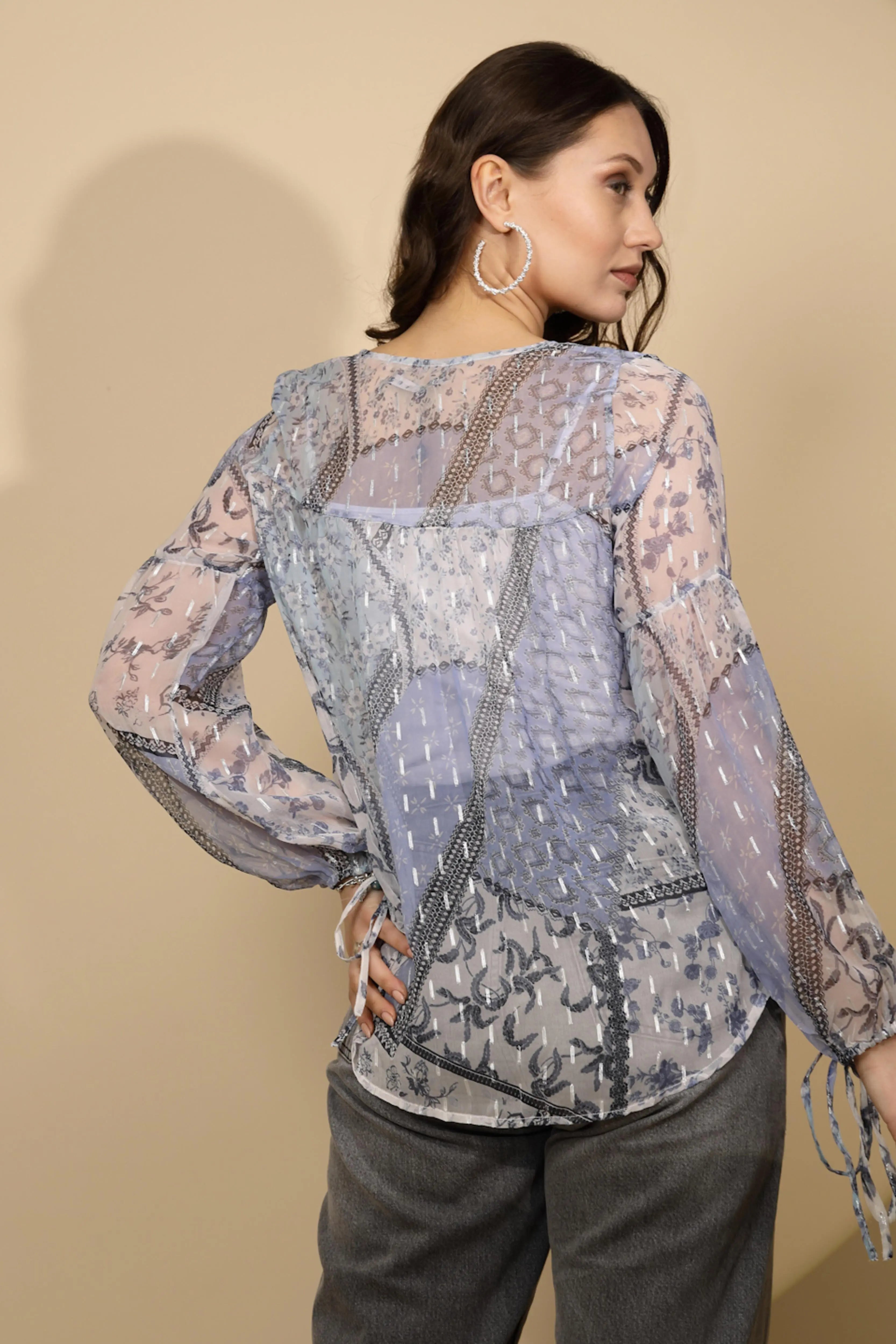 Light Blue Chiffon Regular Fit Blouson Top For Women - Global Republic