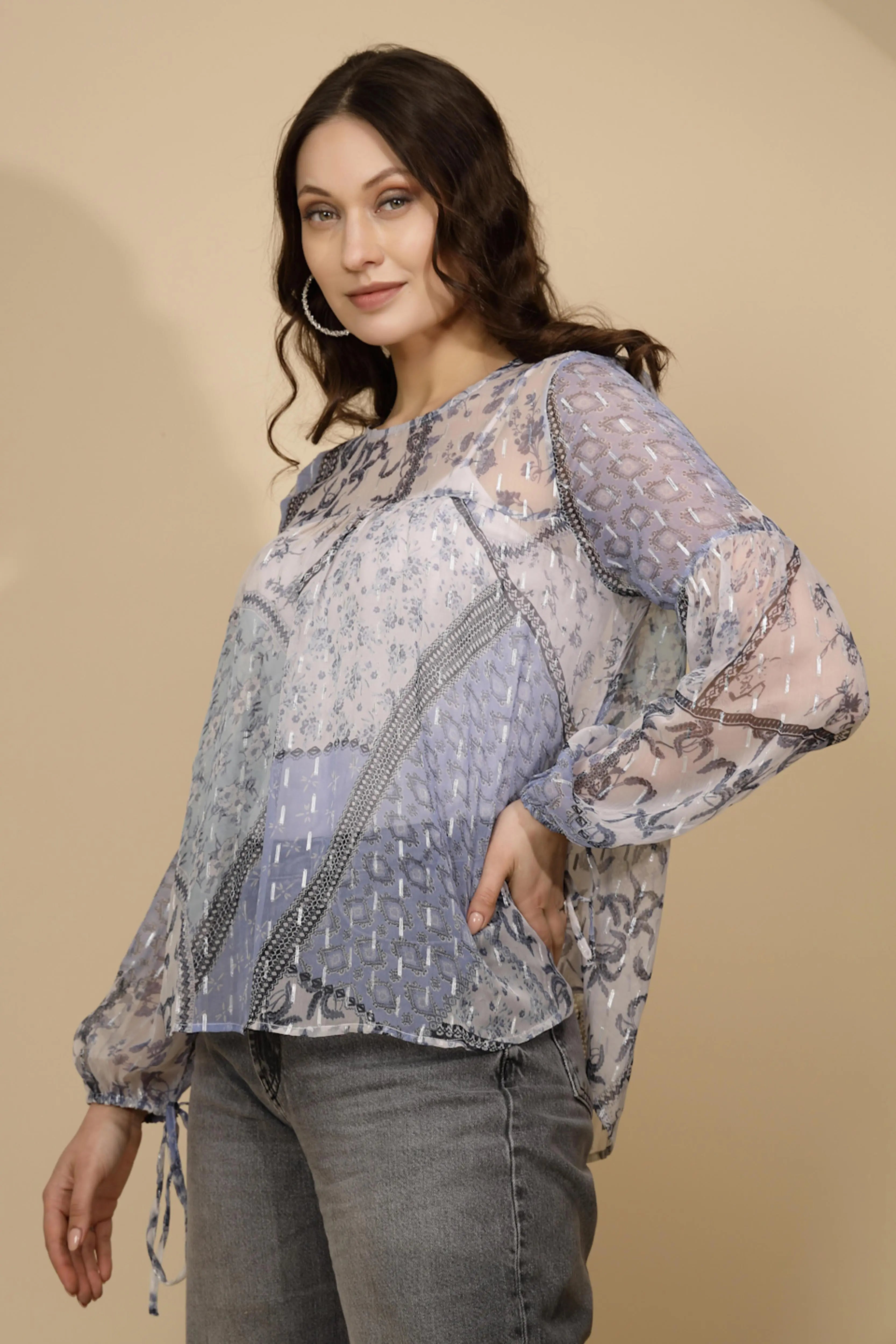 Light Blue Chiffon Regular Fit Blouson Top For Women - Global Republic