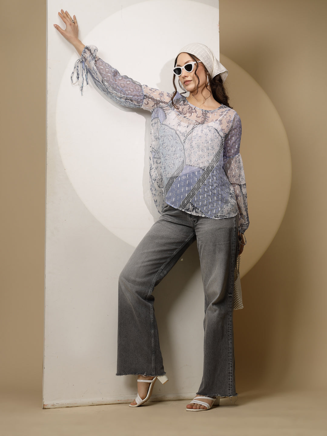 Light Blue Chiffon Regular Fit Blouson Top For Women - Global Republic