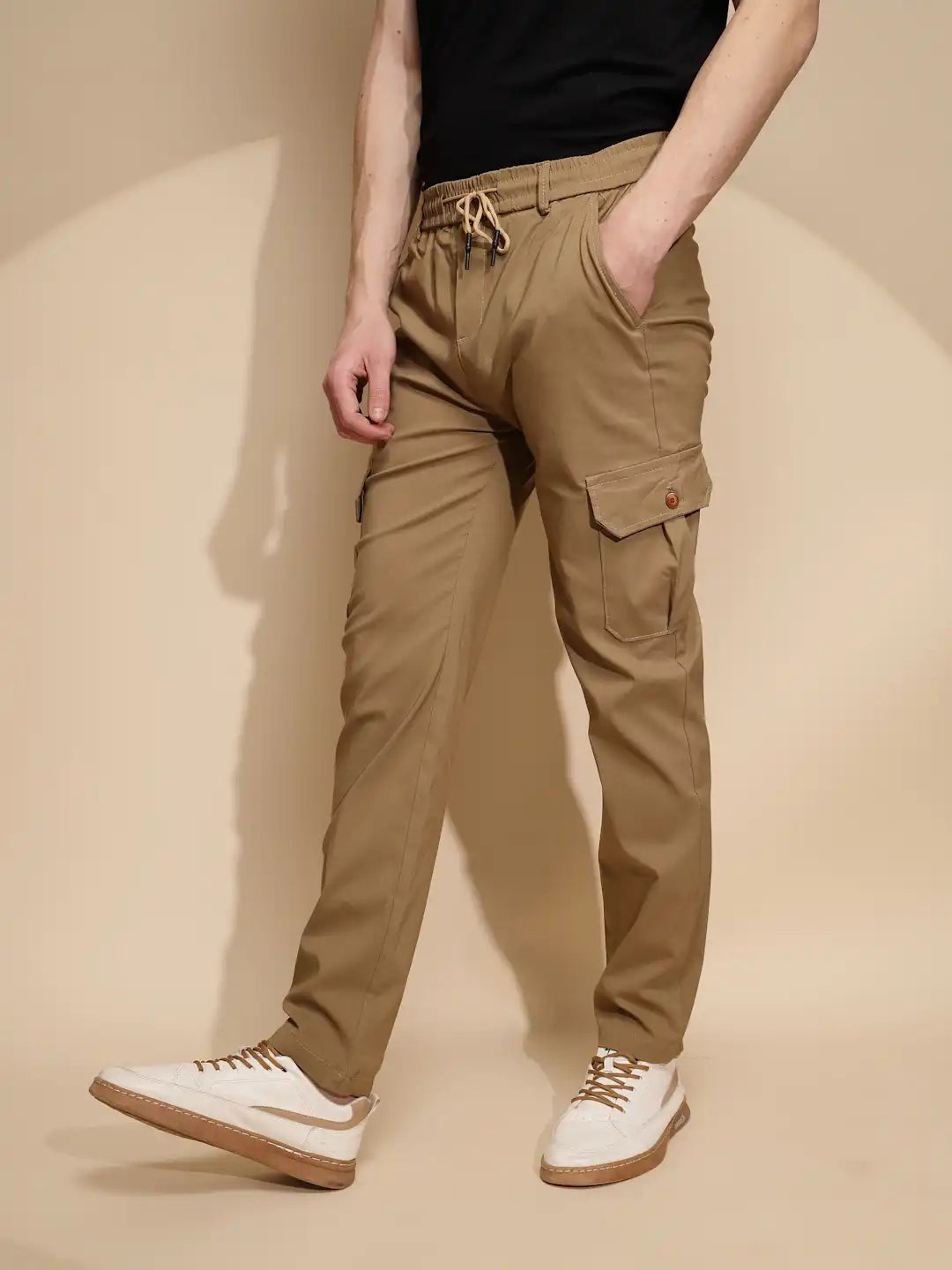 Men Brown Solid Mid Rise Cargo Pant - Global Republic