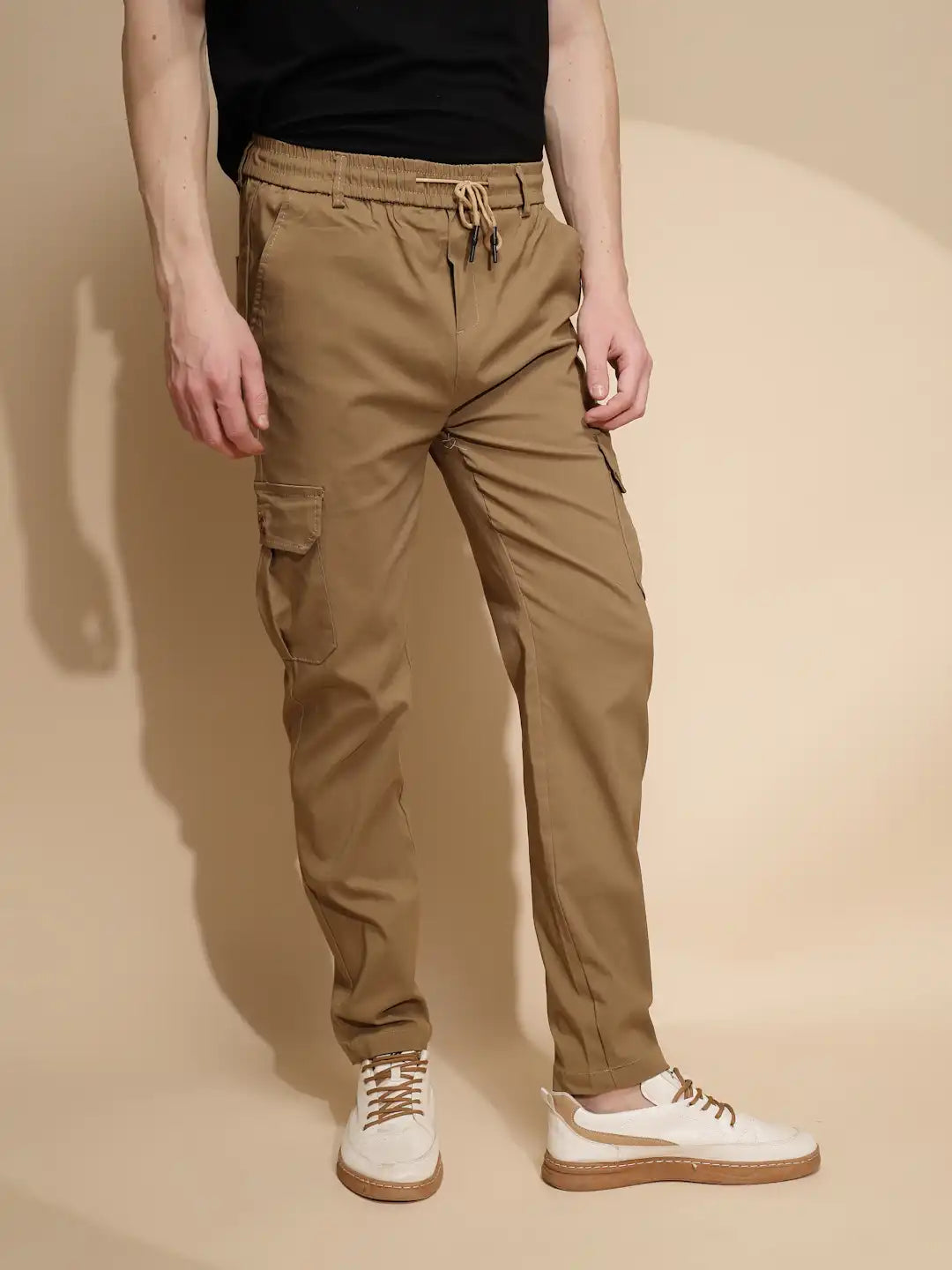 Men Brown Solid Mid Rise Cargo Pant - Global Republic