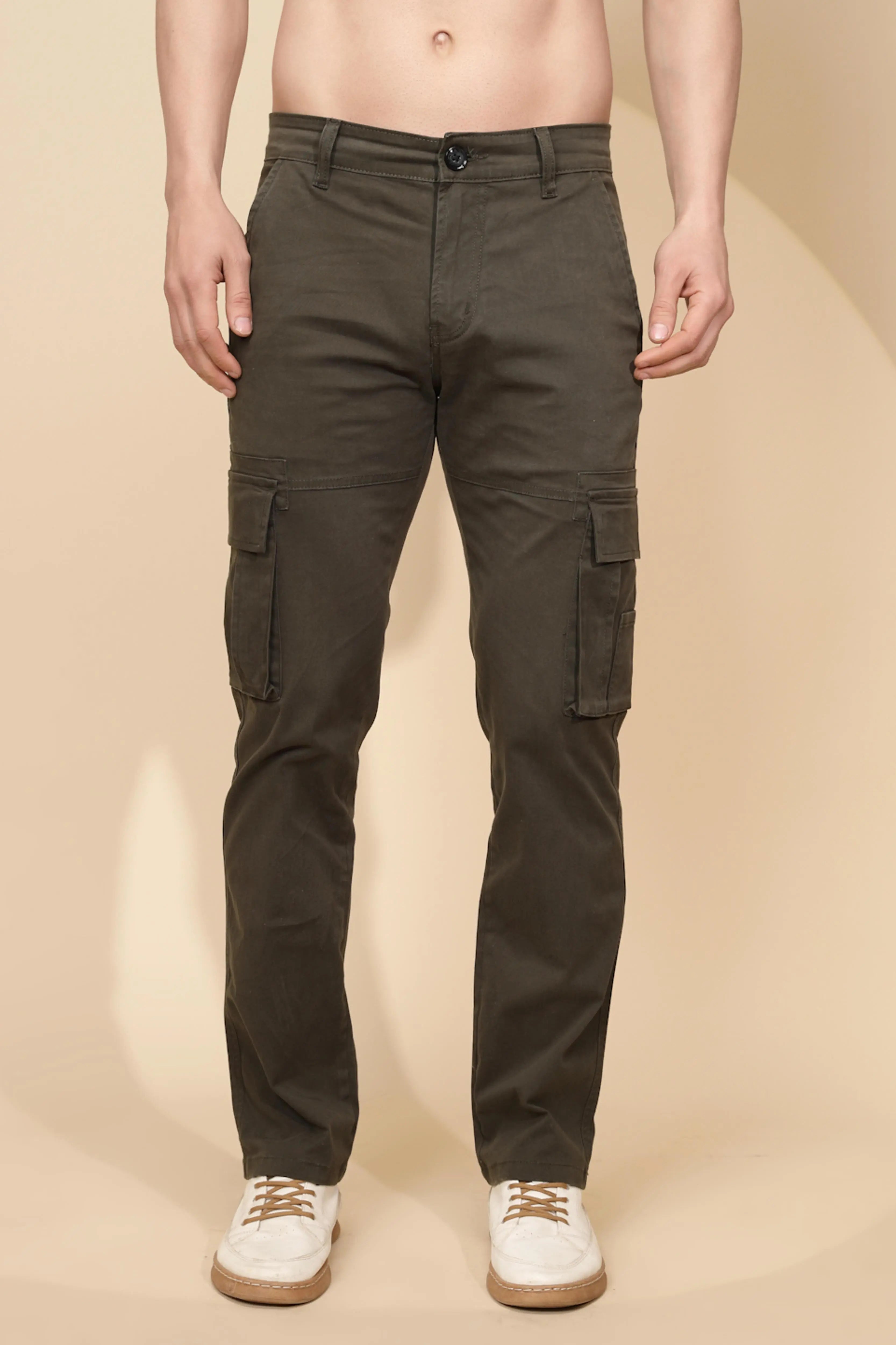 Olive Cotton Blend Regular Fit Cargo For Men - Global Republic