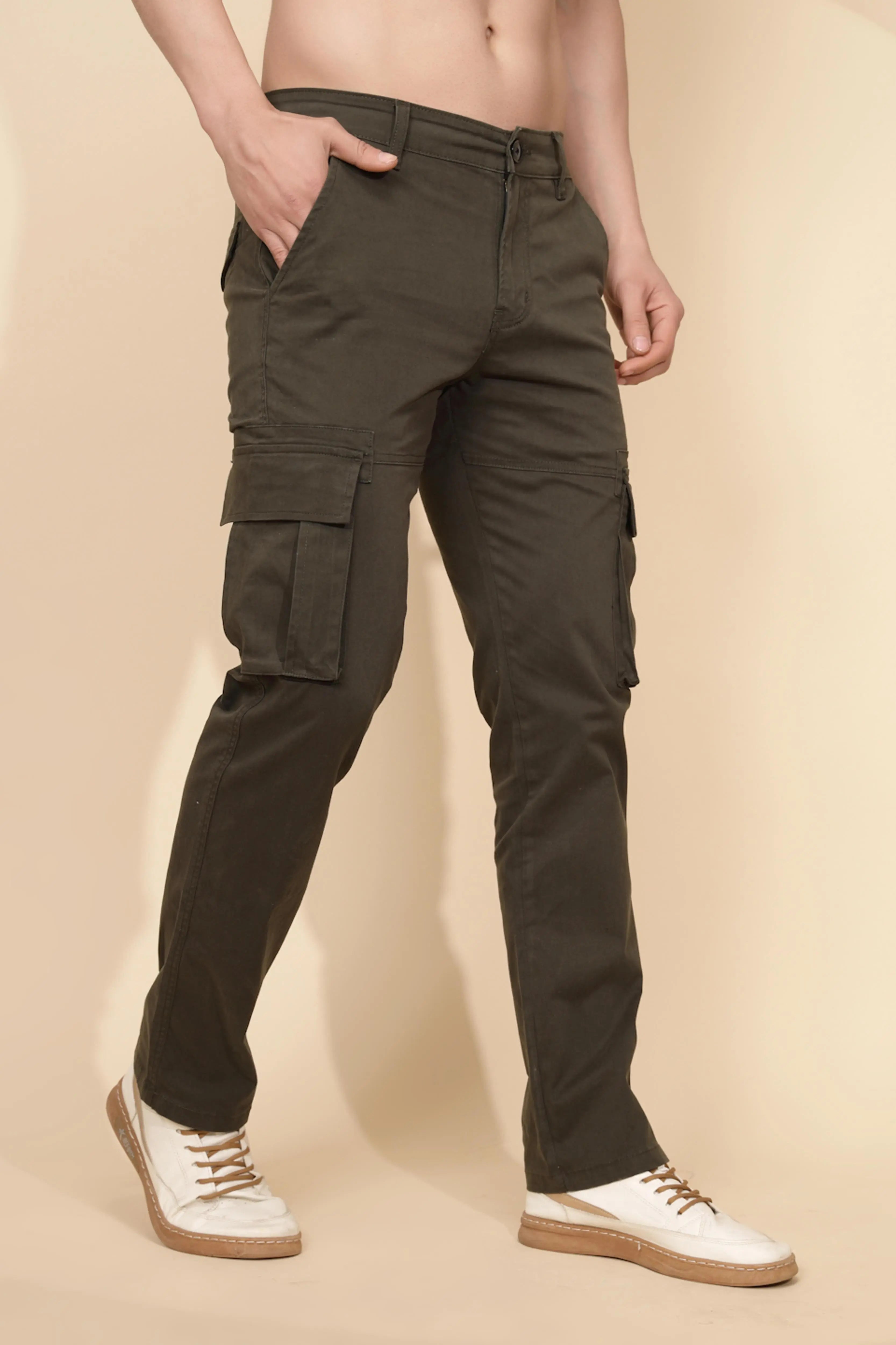 Olive Cotton Blend Regular Fit Cargo For Men - Global Republic