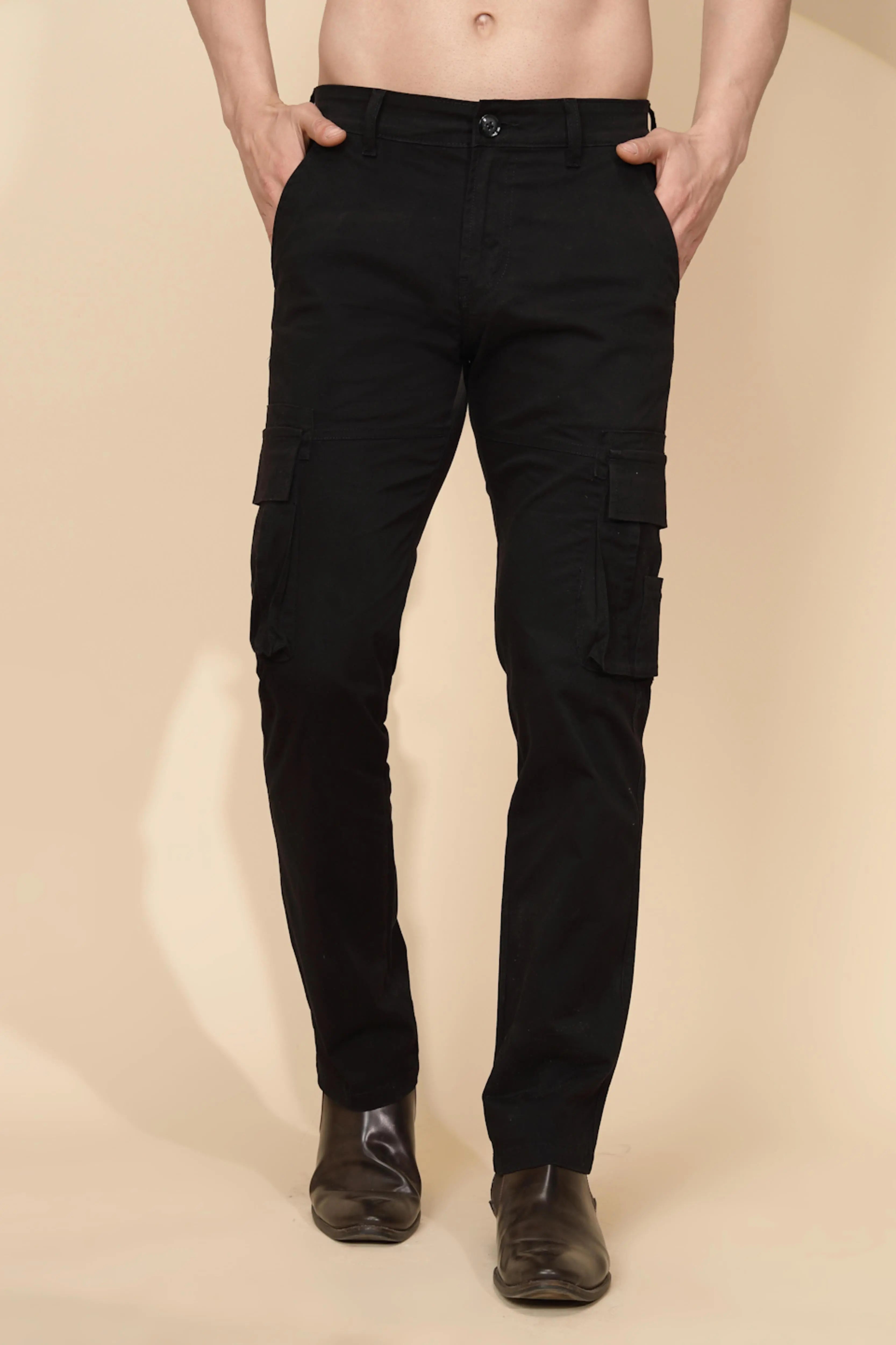 Black Cotton Blend Regular Fit Cargo For Men - Global Republic
