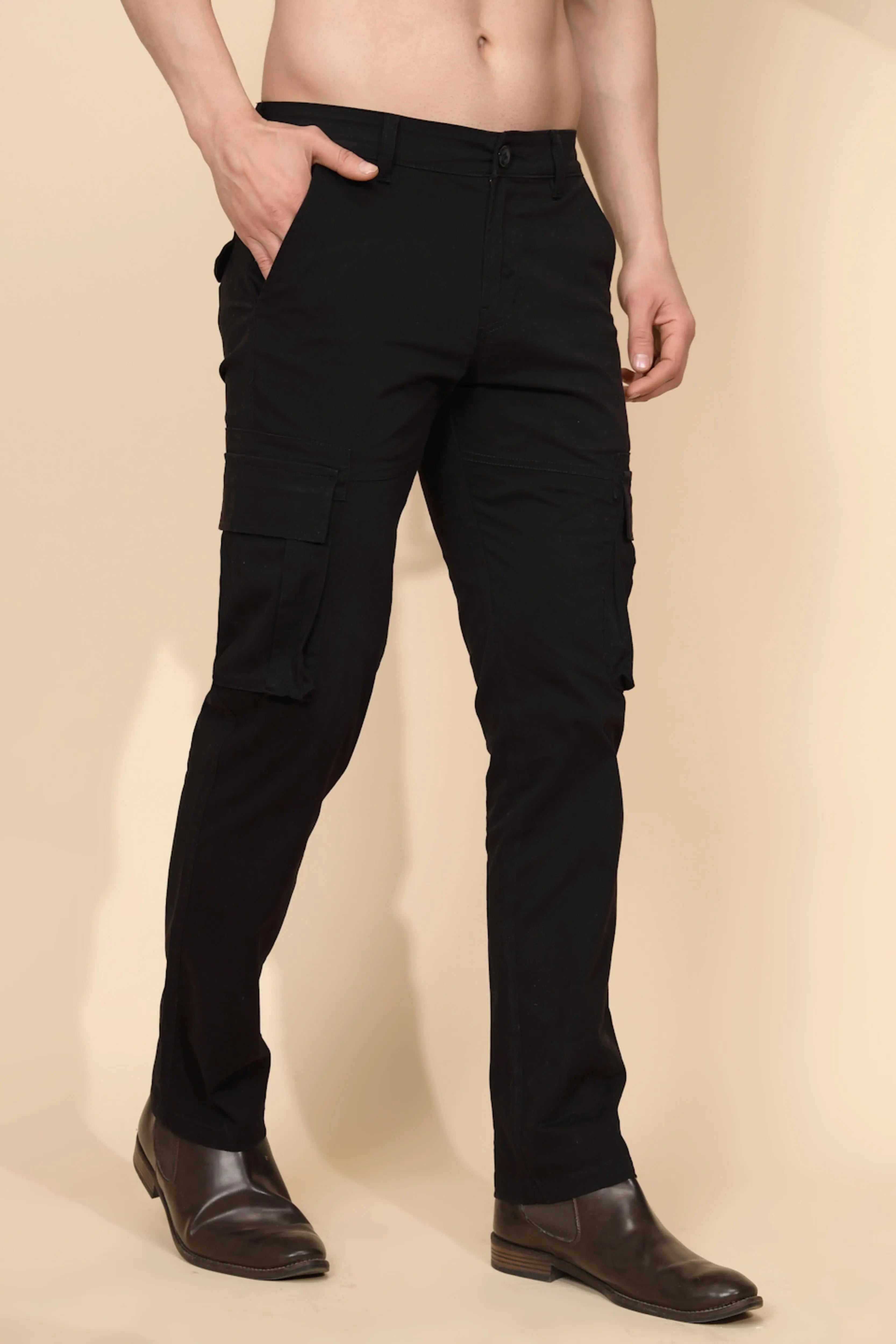 Black Cotton Blend Regular Fit Cargo For Men - Global Republic